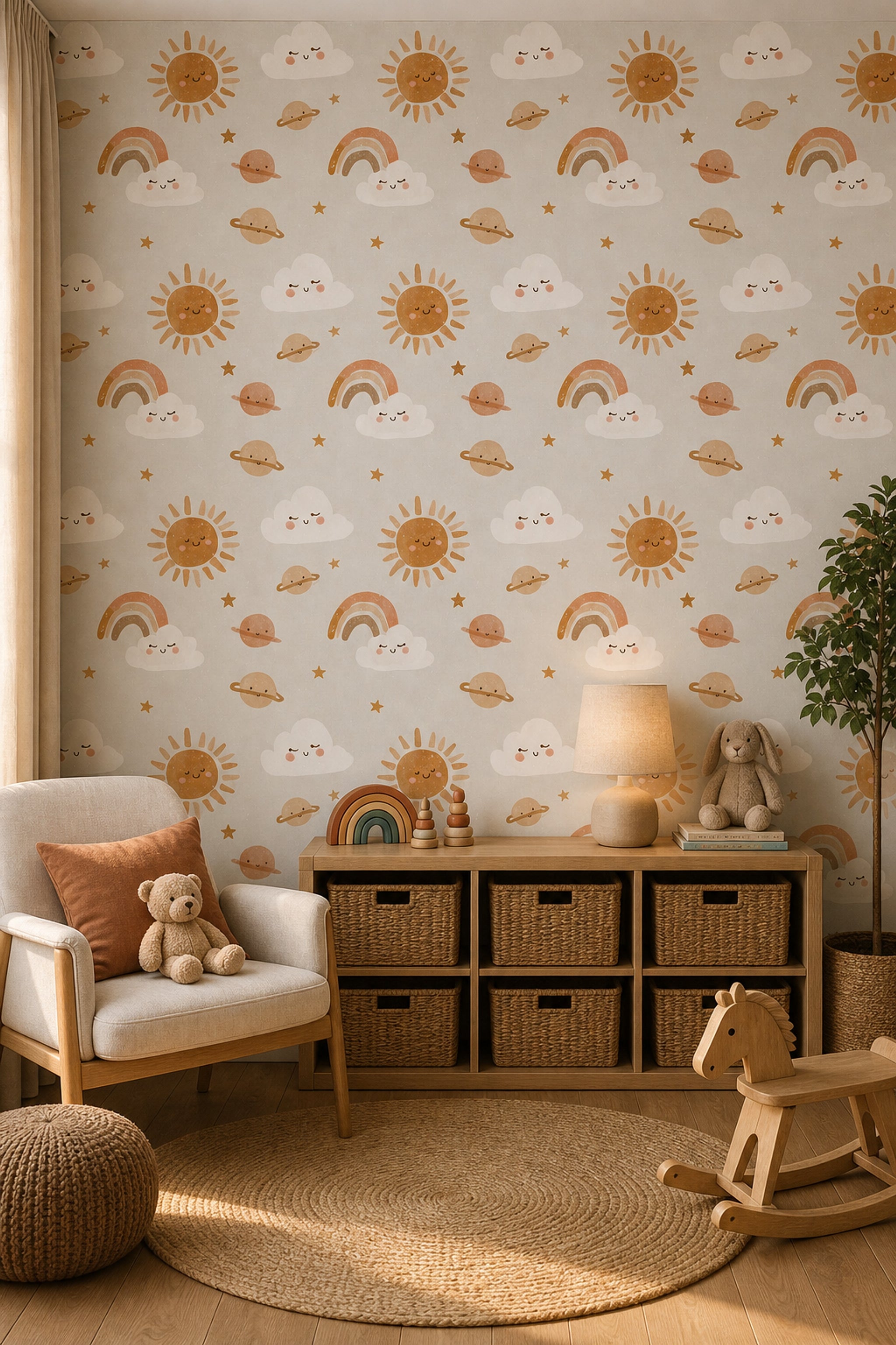 Cute Celestial Wallpaper Smiling Sun Nursery Wallpaper Removable Wall Decor