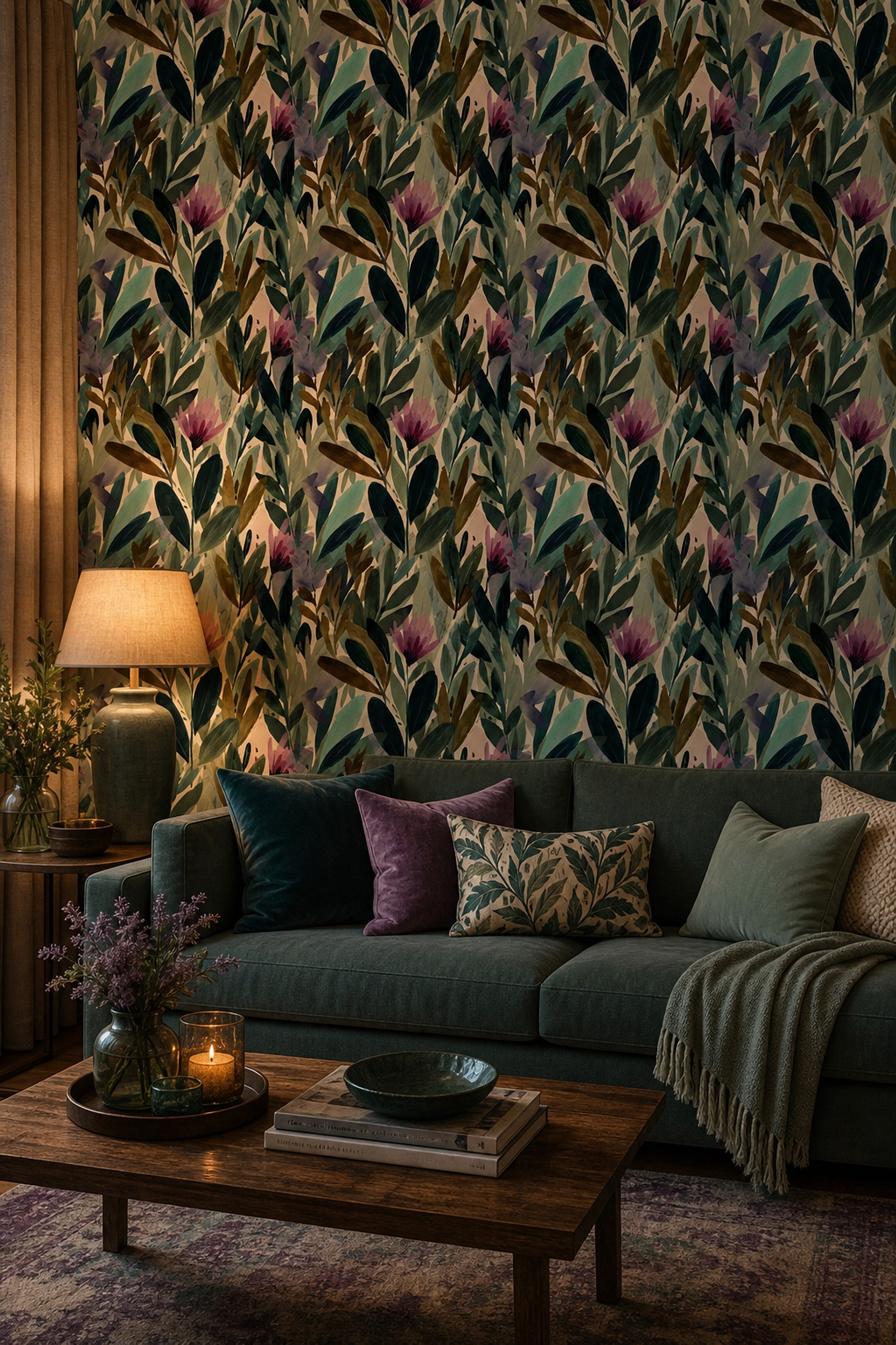 Abstract Botanical Wallpaper Watercolor Leaves Green Foliage Removable Wall Decor