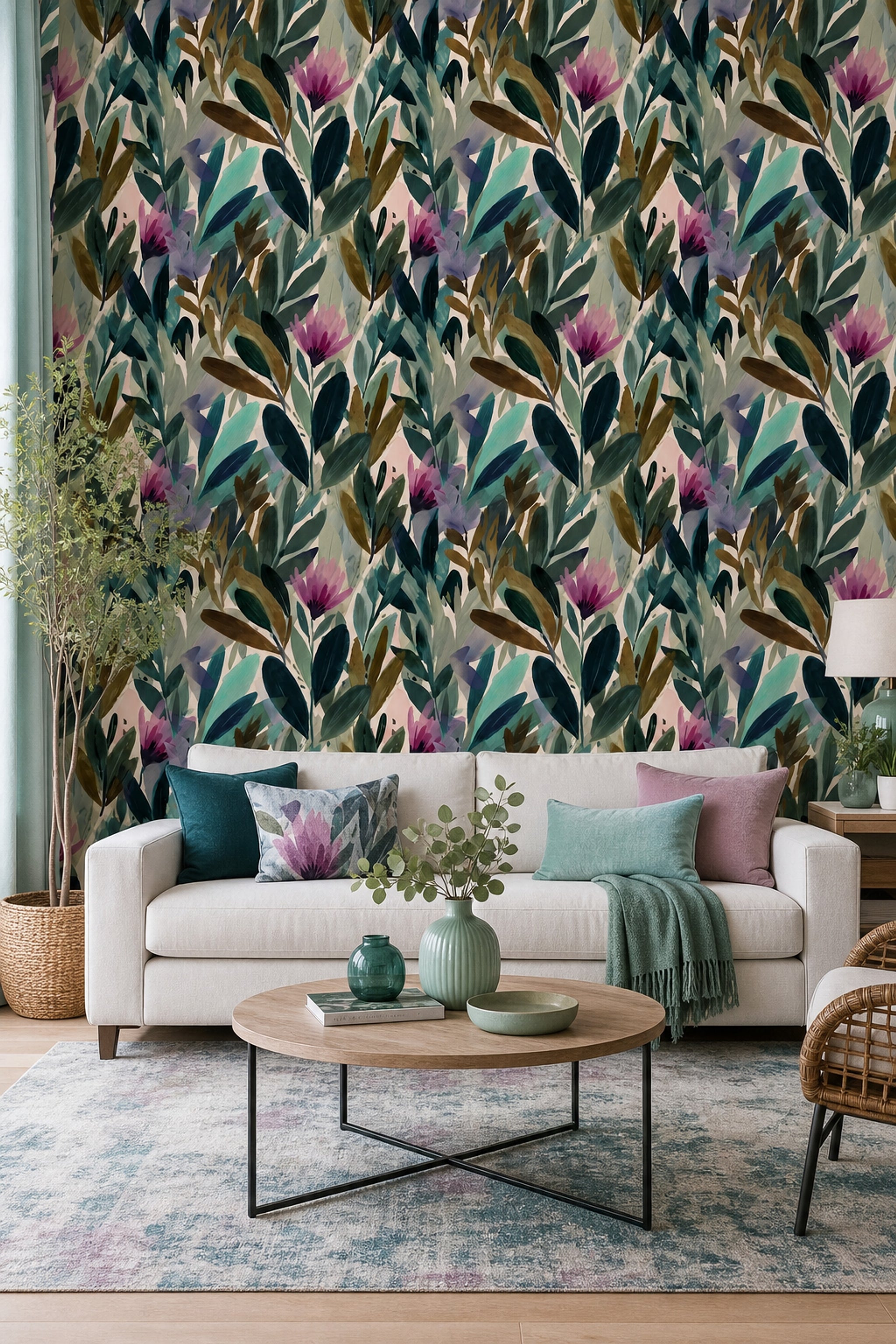 Abstract Botanical Wallpaper Watercolor Leaves Green Foliage Removable Wall Decor