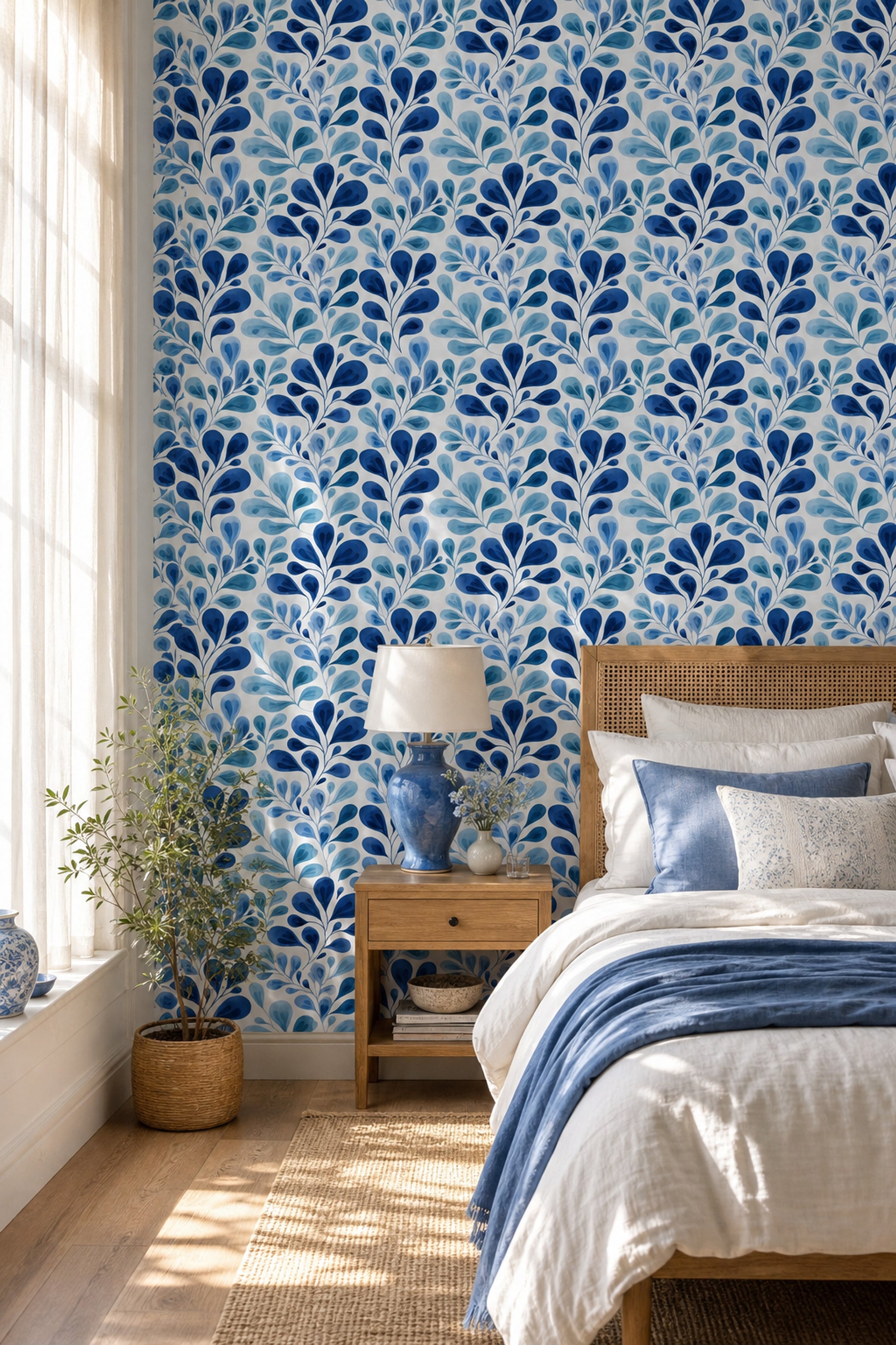 Watercolor Leaves Wallpaper Botanical Branches Removable Blue And White Wall Double Roll