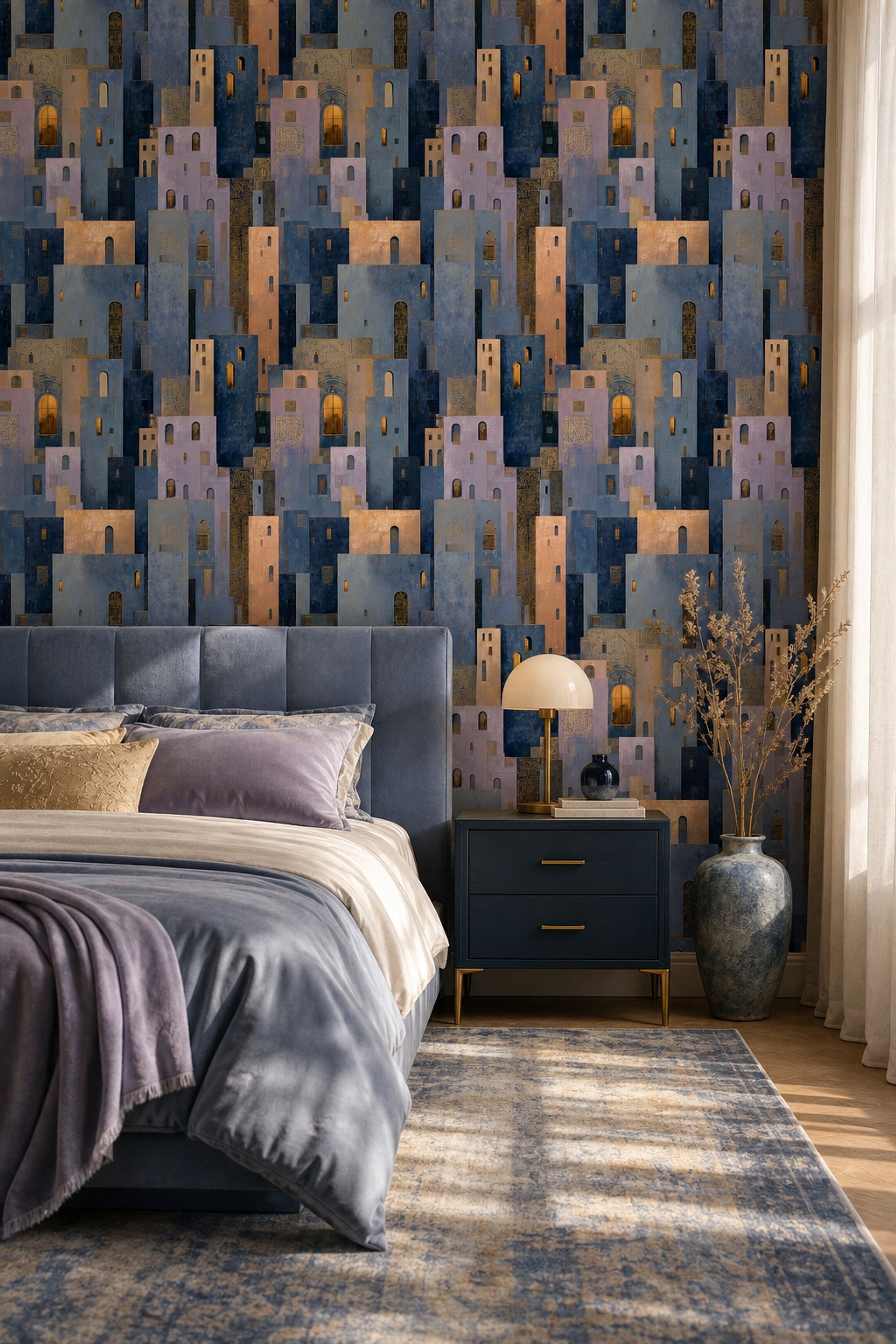 Abstract Cityscape Wallpaper Geometric Buildings Moody Night Removable Wall Decor
