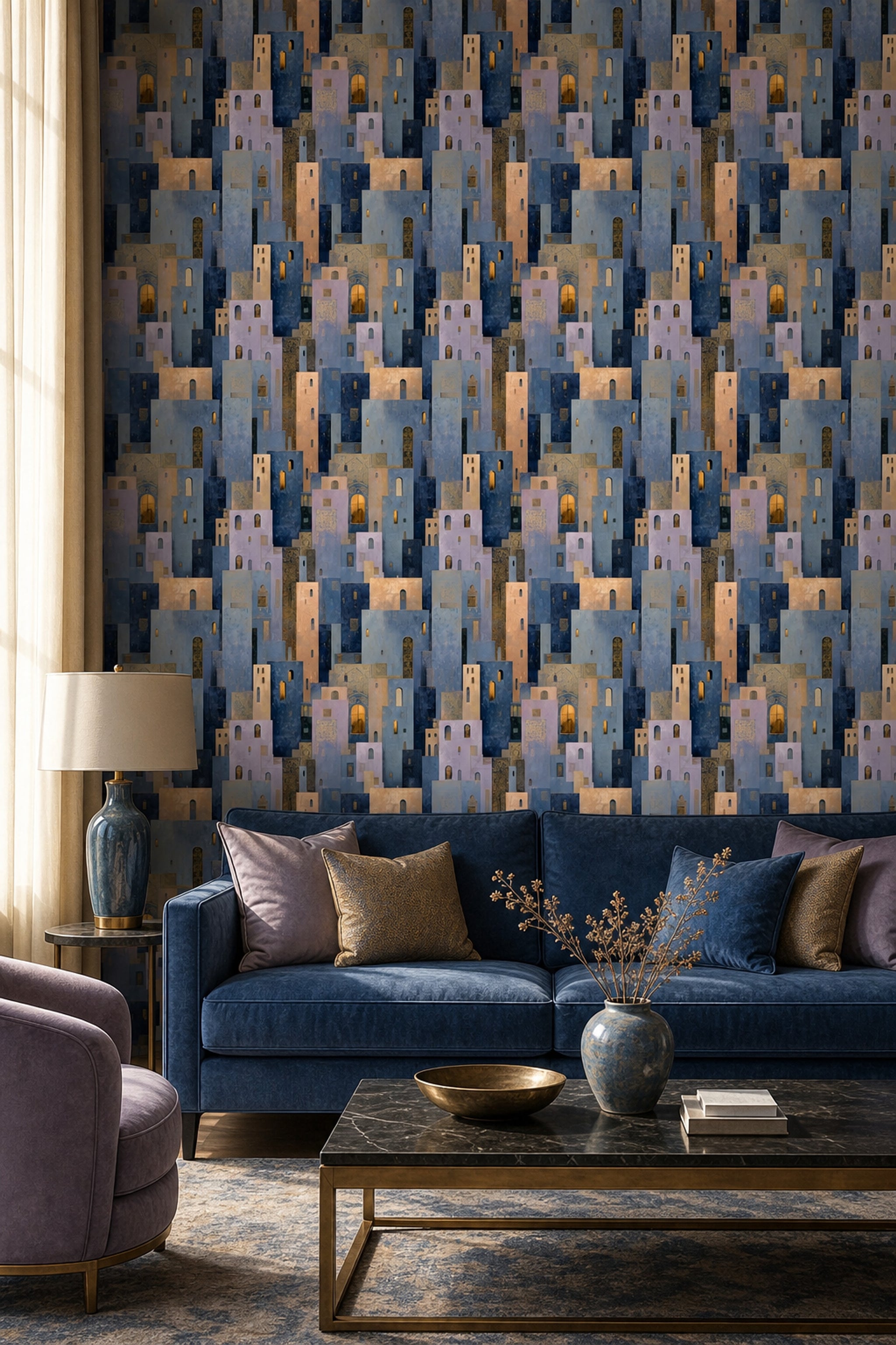 Abstract Cityscape Wallpaper Geometric Buildings Moody Night Removable Wall Decor