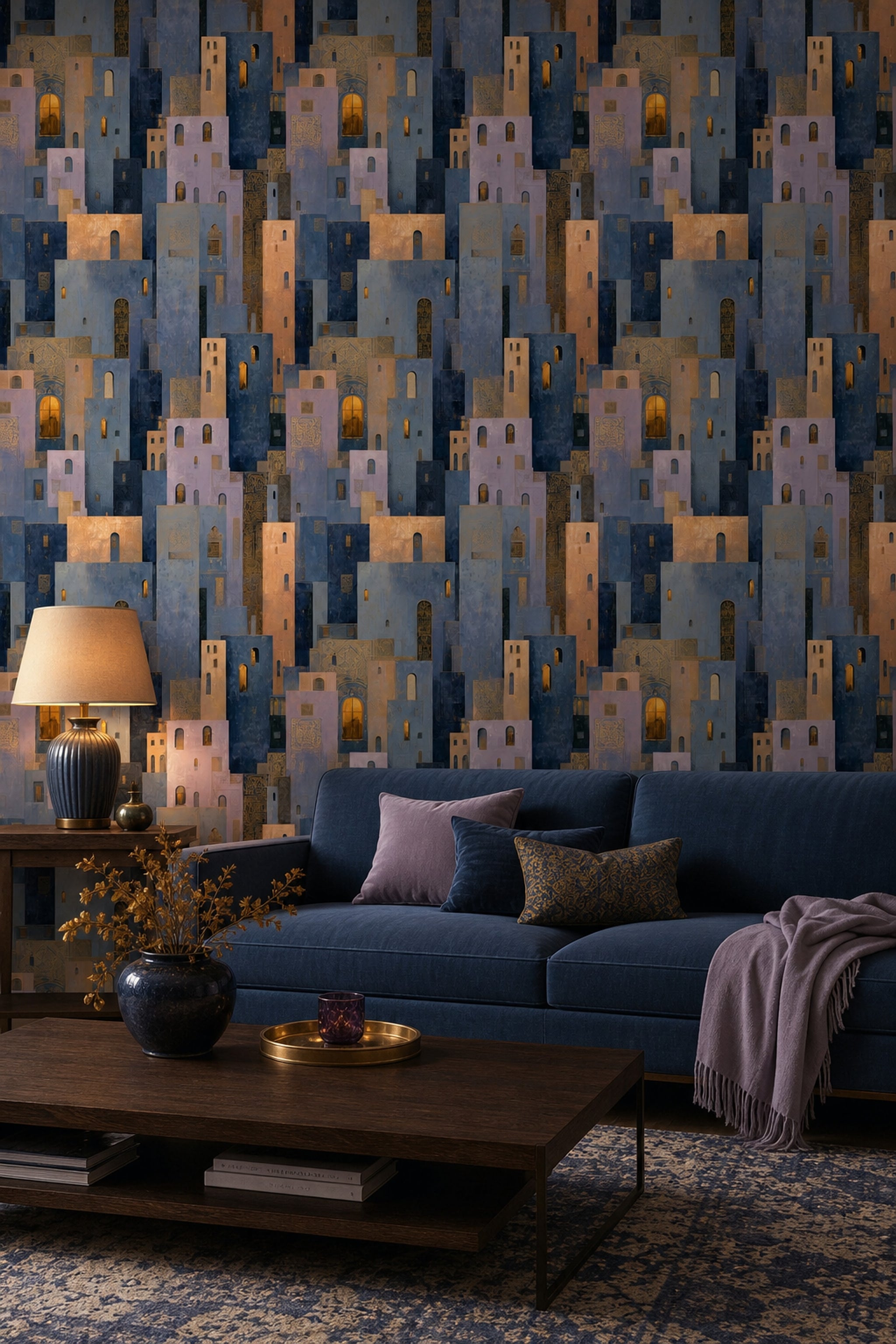 Abstract Cityscape Wallpaper Geometric Buildings Moody Night Removable Wall Decor