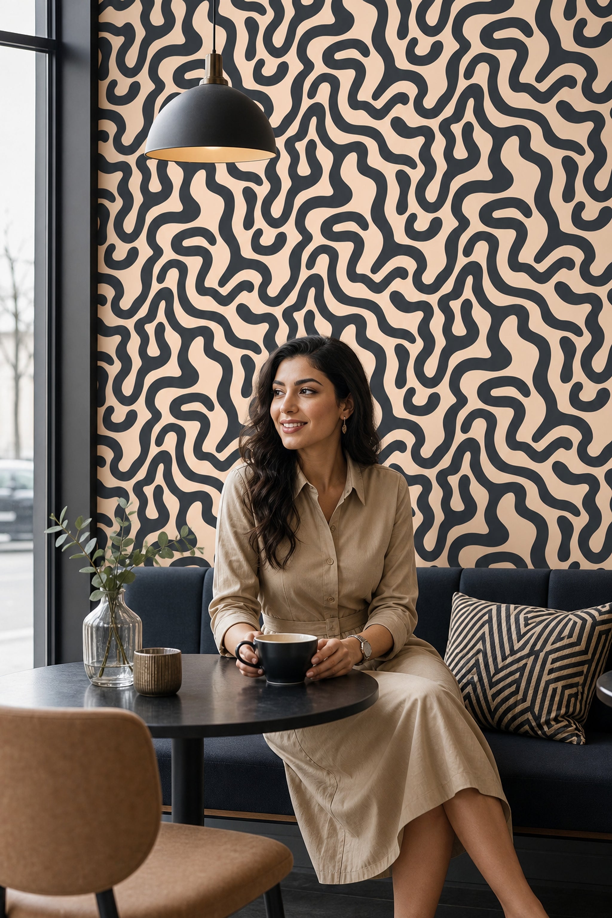 Organic Waves Wallpaper Maze Pattern Dark Charcoal Removable Wall Decor