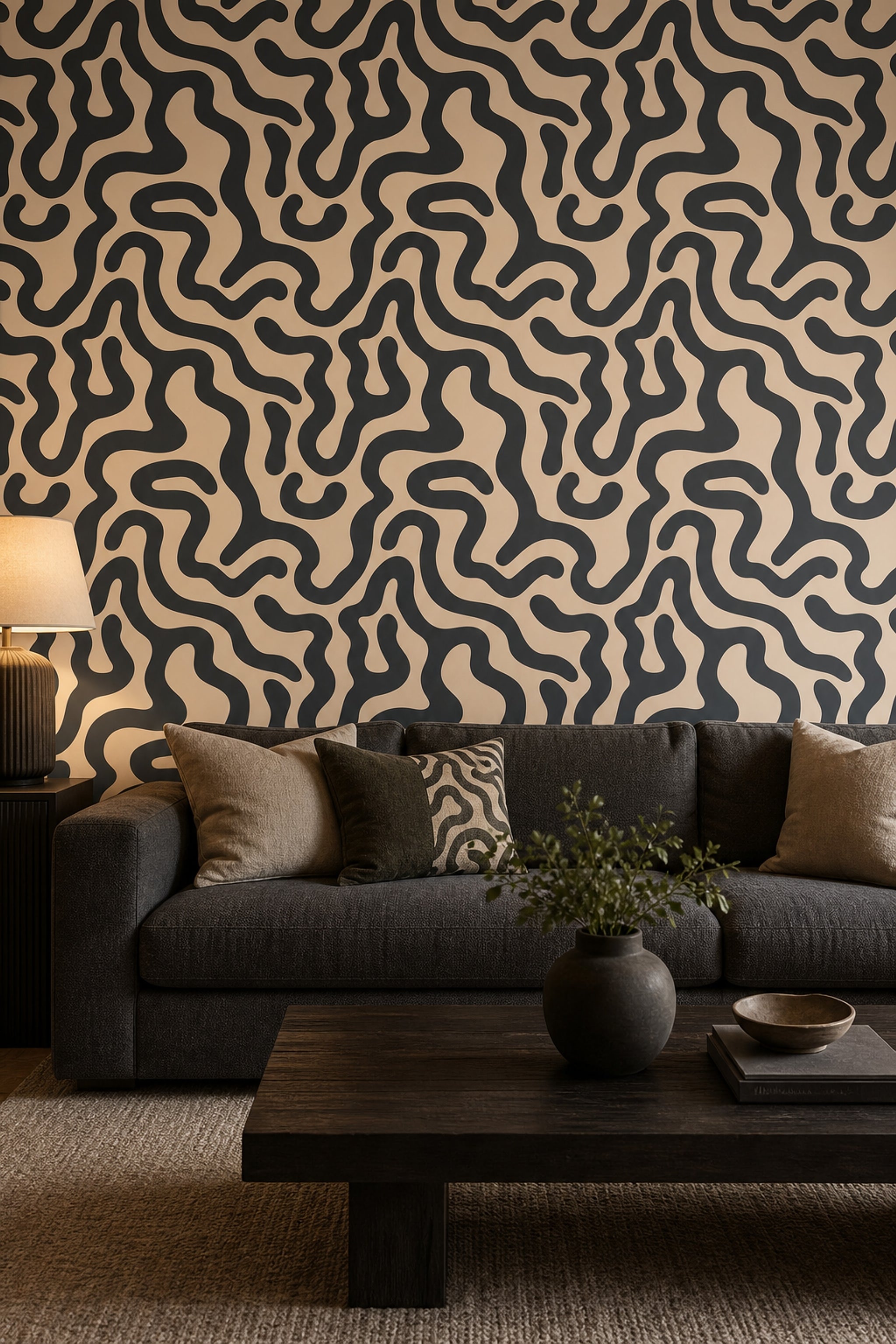 Organic Waves Wallpaper Maze Pattern Dark Charcoal Removable Wall Decor