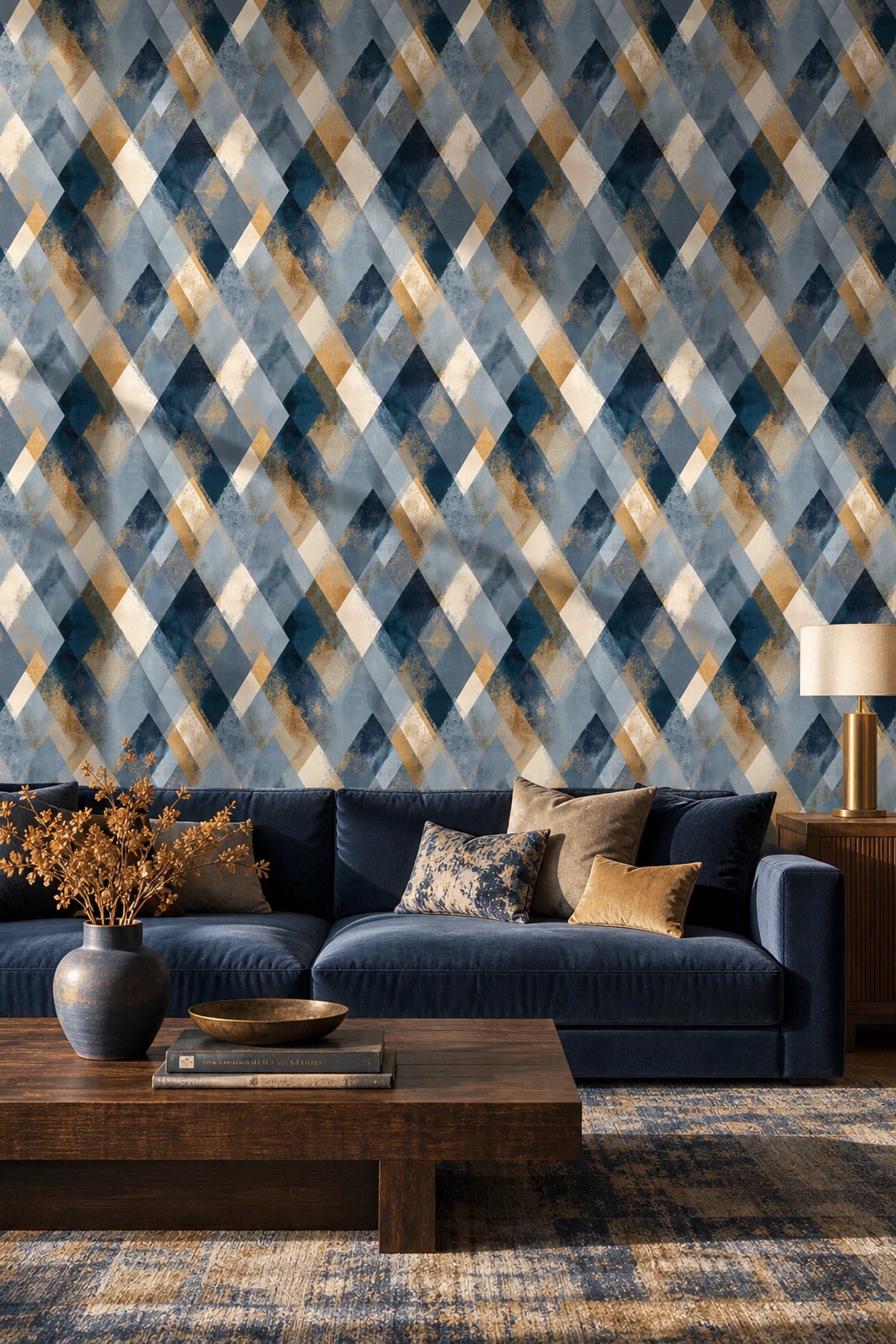 Abstract Geometric Wallpaper Diamond Shapes Navy Blue Removable Wall Decor