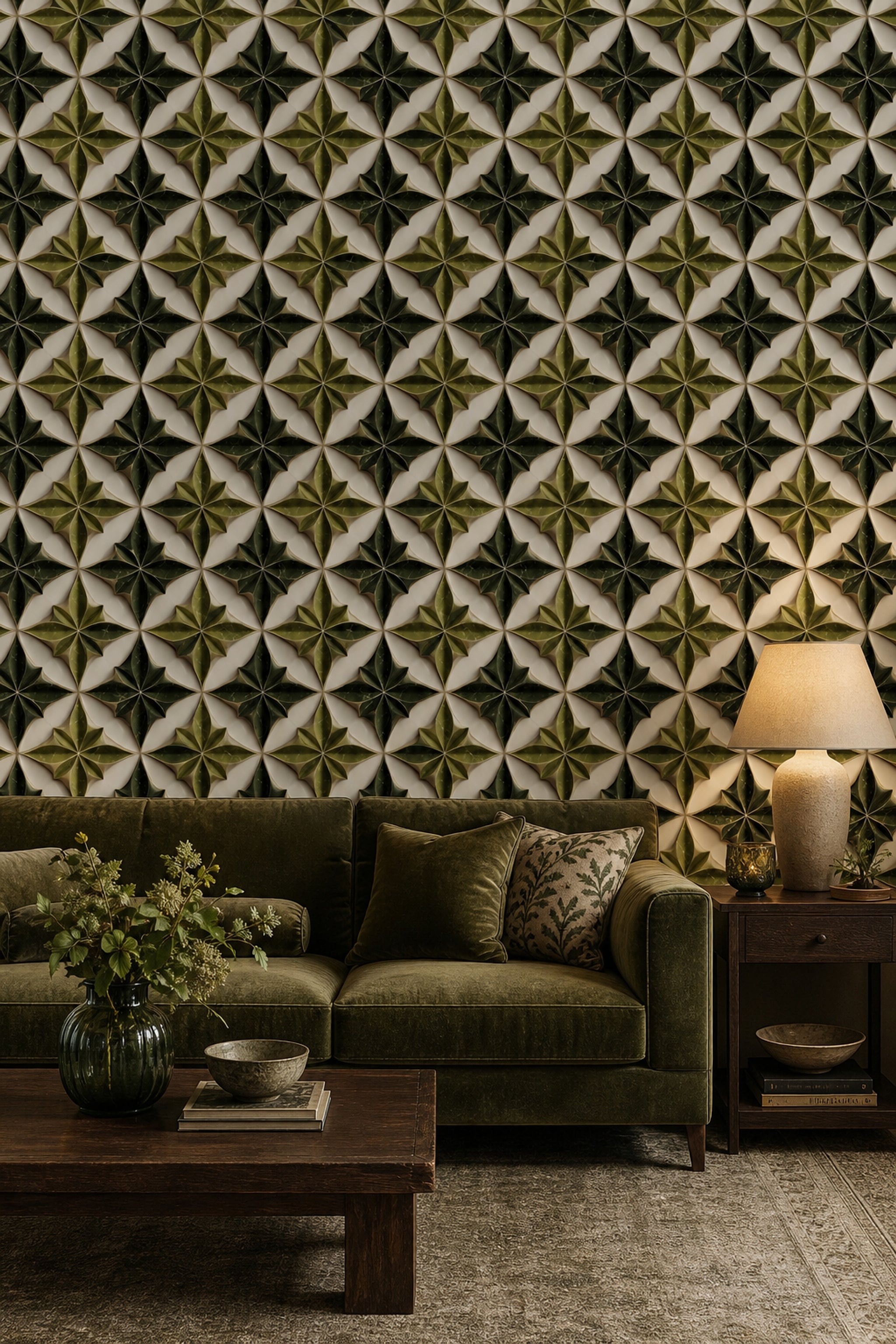 Geometric Trellis Wallpaper 3D Tile Effect Removable Leaf Rosette Wall Double Roll