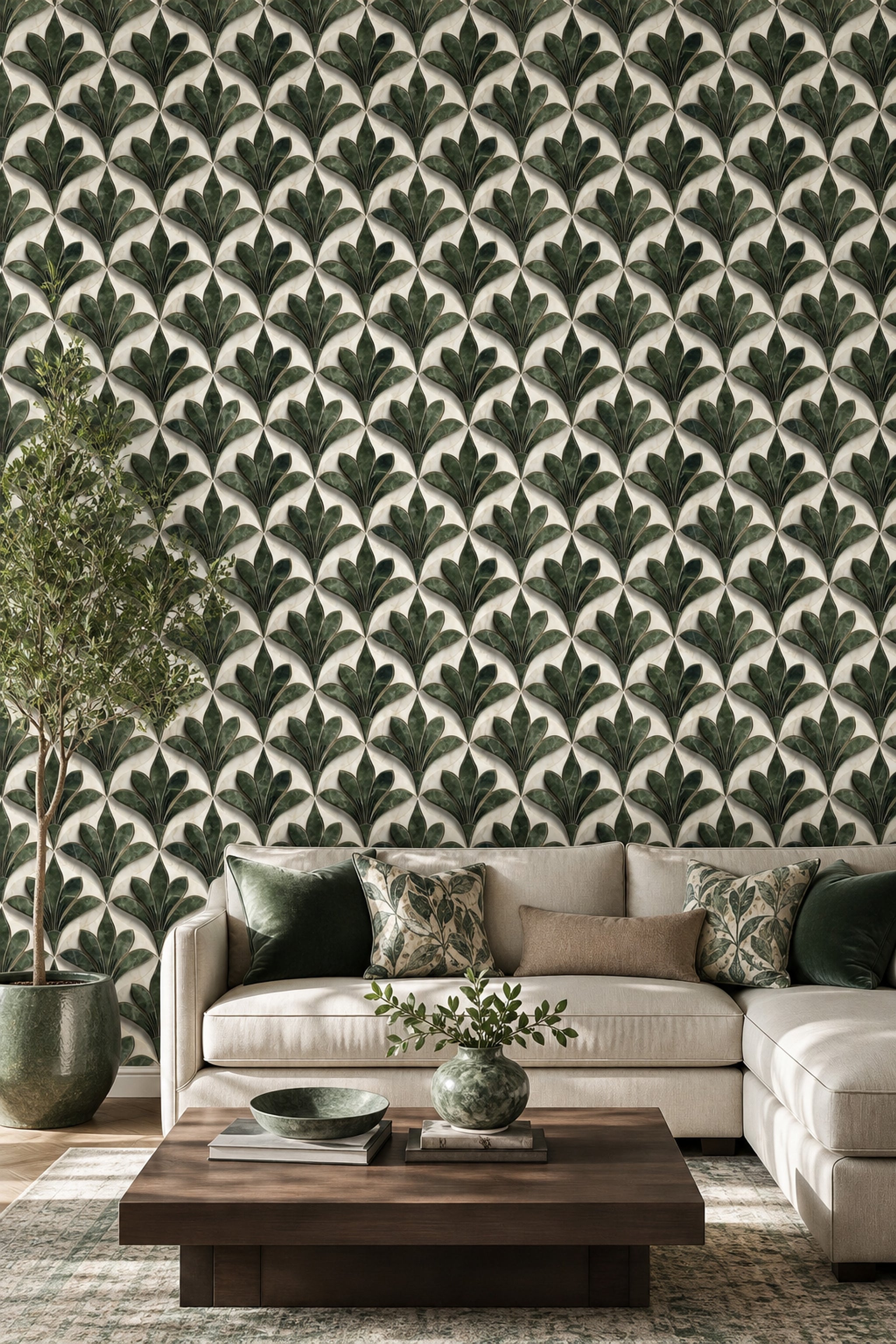Art Deco Wallpaper Stylized Leaves Marble Texture Decorative Mural