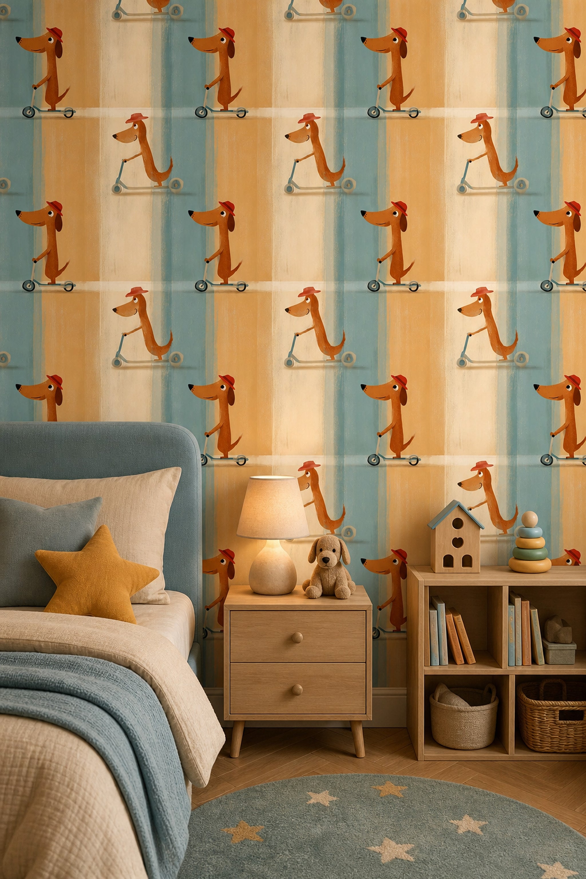 Cartoon Dog Wallpaper Scooter Removable Red Hat Wall Double Roll