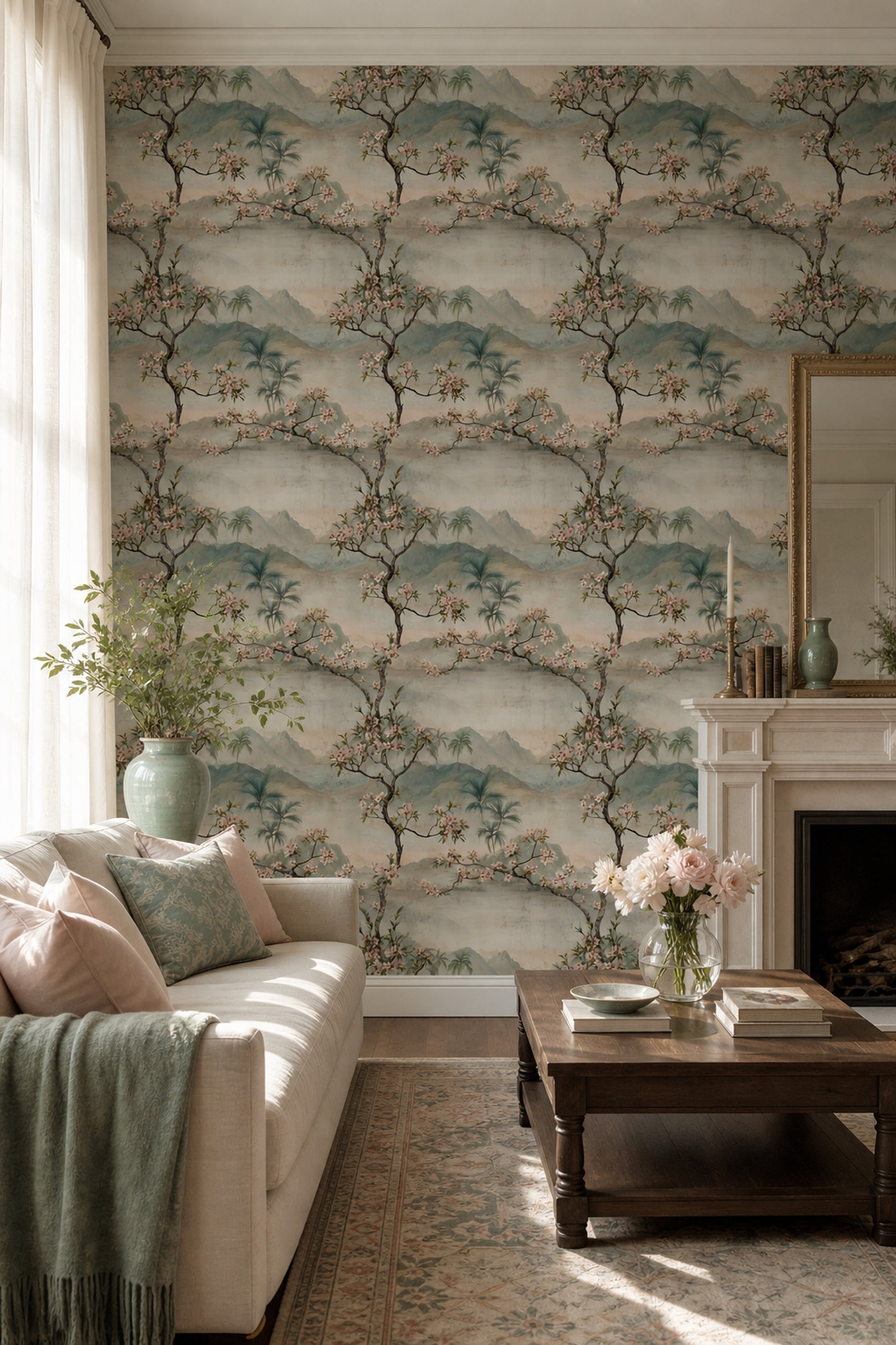 Landscape Mural Wallpaper Floral Branches Cherry Blossom Decorative Mural