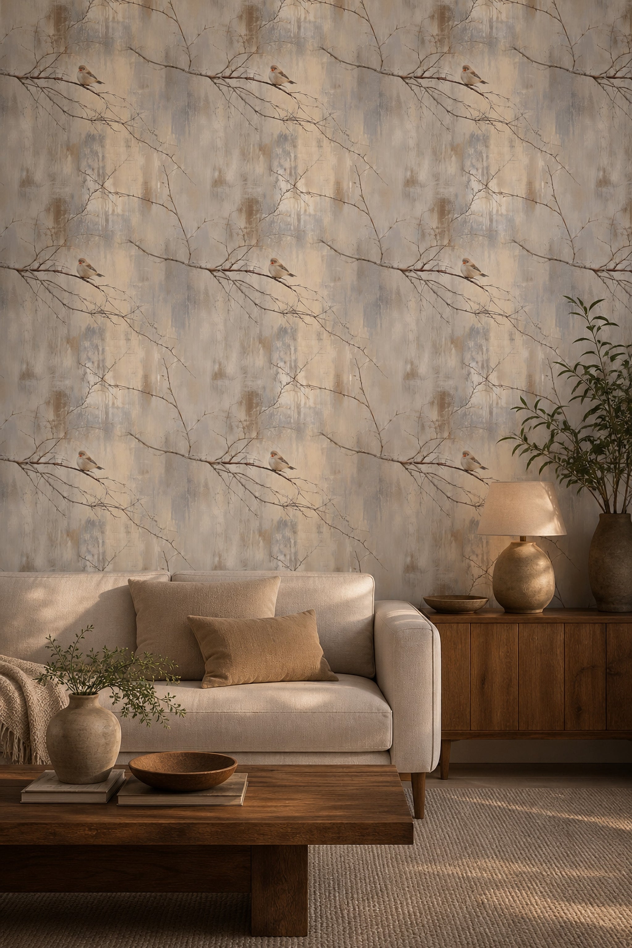 Winter Bird Wallpaper Bare Branches Scandinavian Style Decorative Mural
