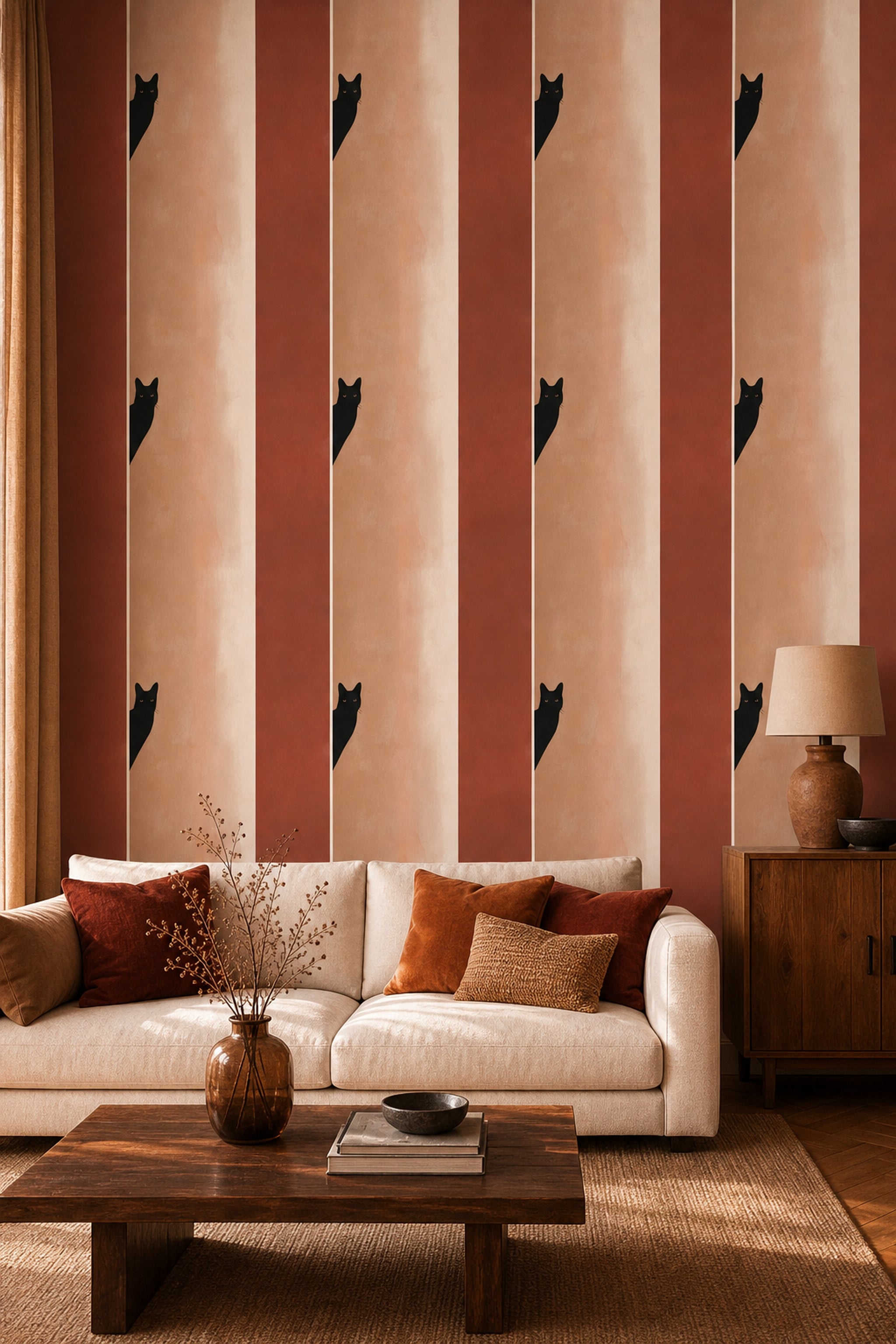 Black Cat Wallpaper Minimalist Terracotta Decorative Mural
