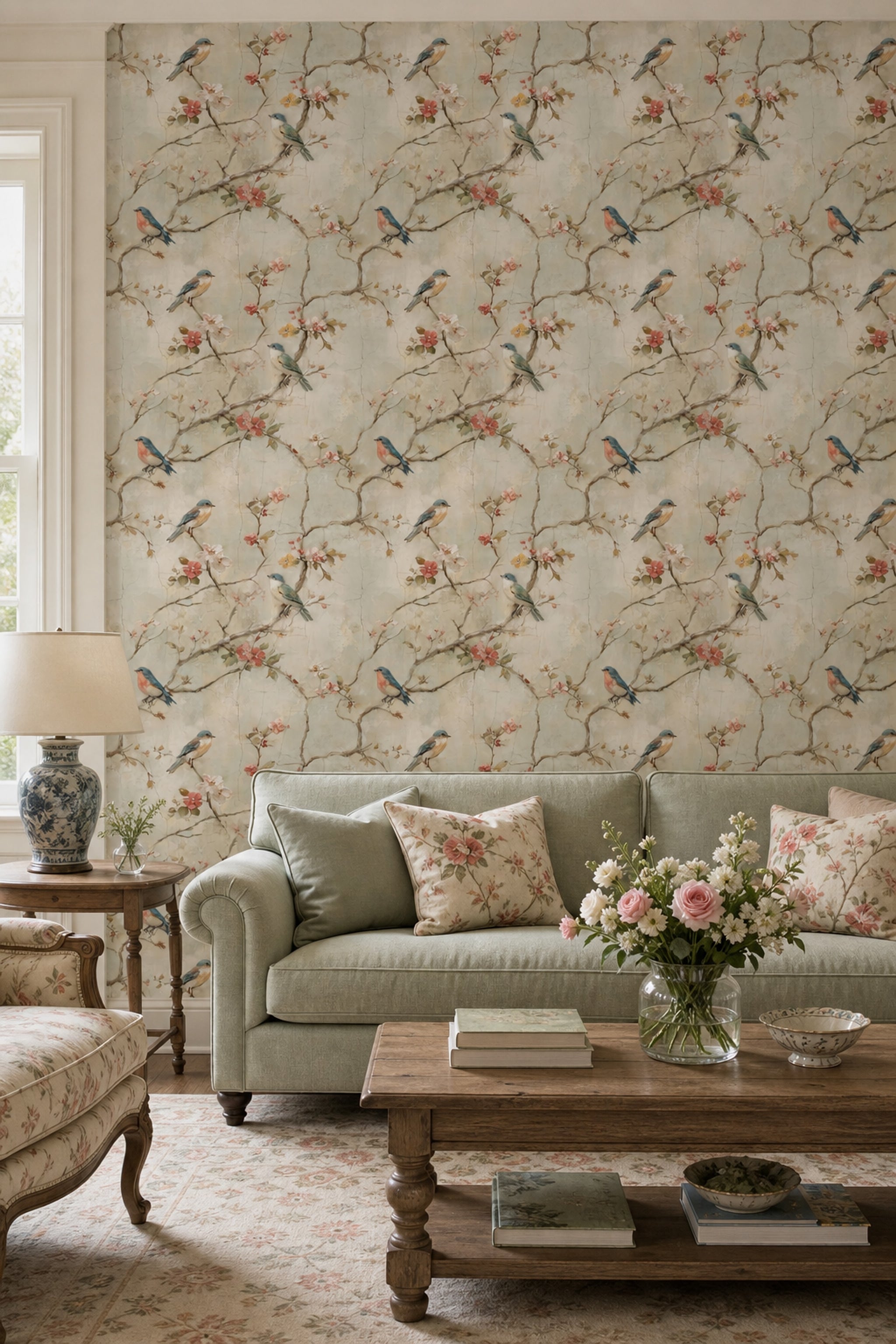 Floral Branches Wallpaper Songbirds Removable Vintage Fresco Wall Double Roll