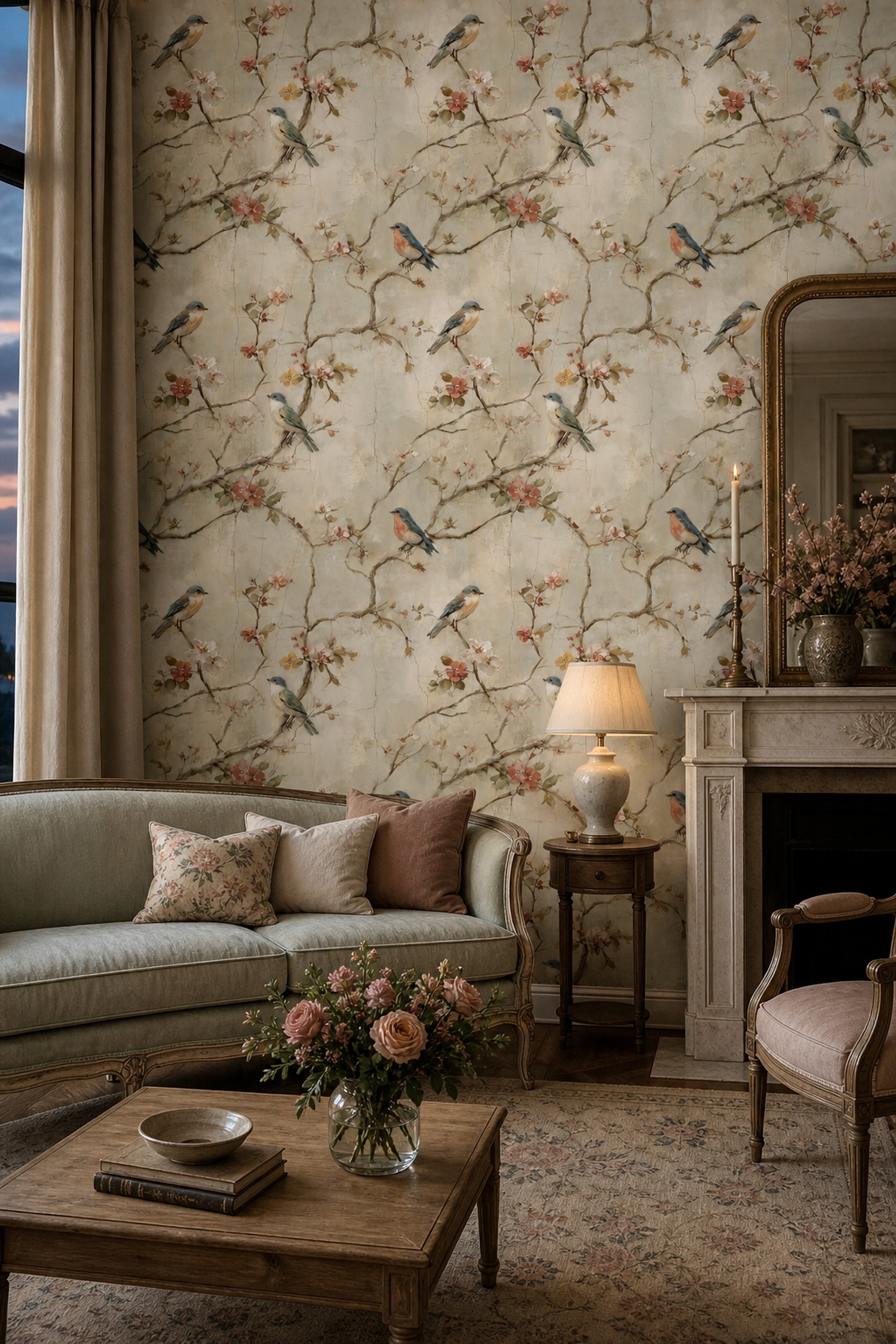 Floral Branches Wallpaper Songbirds Removable Vintage Fresco Wall Double Roll
