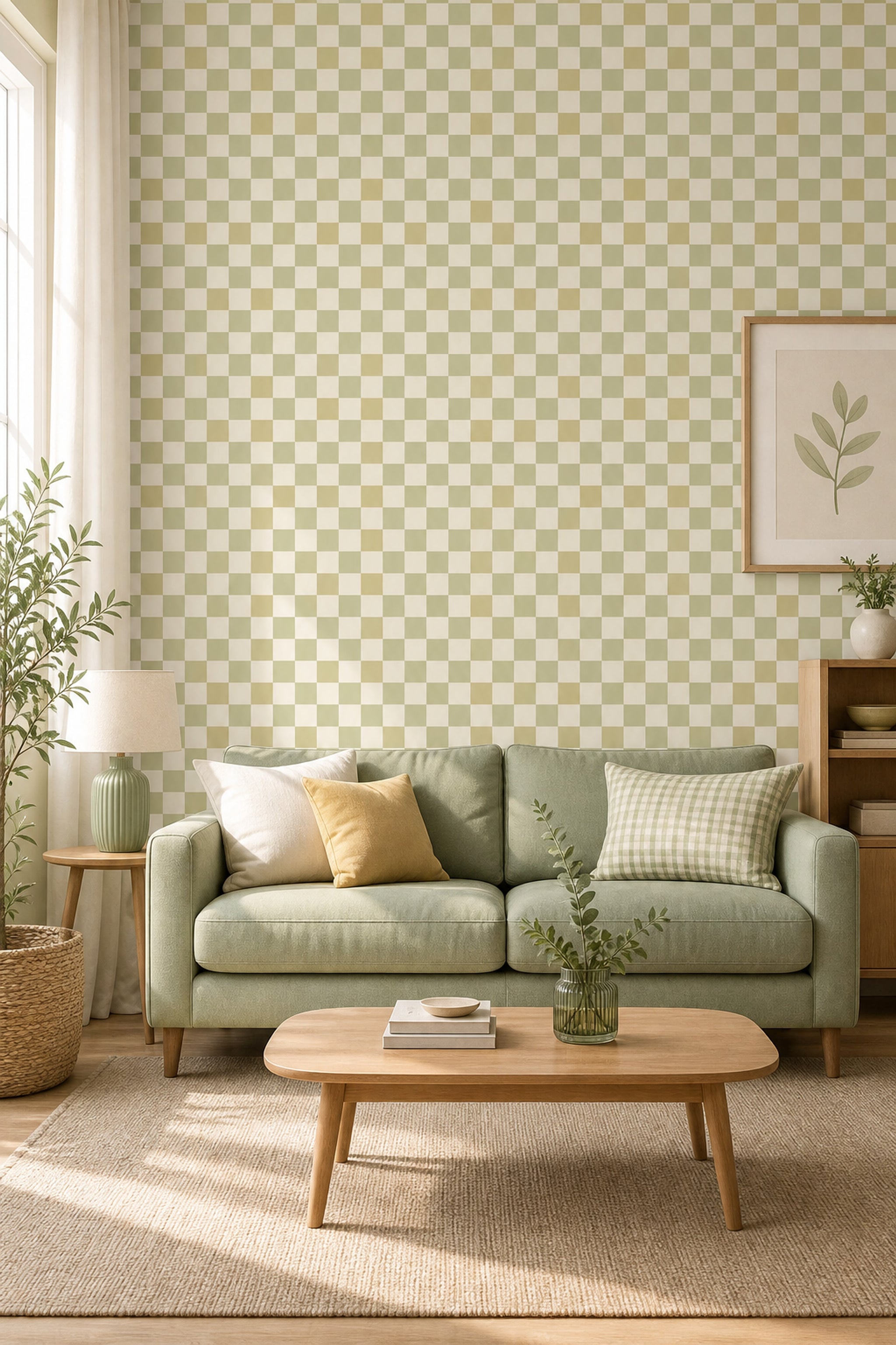 Checkered Wallpaper Gingham Inspired Removable Sage Green Wall Double Roll