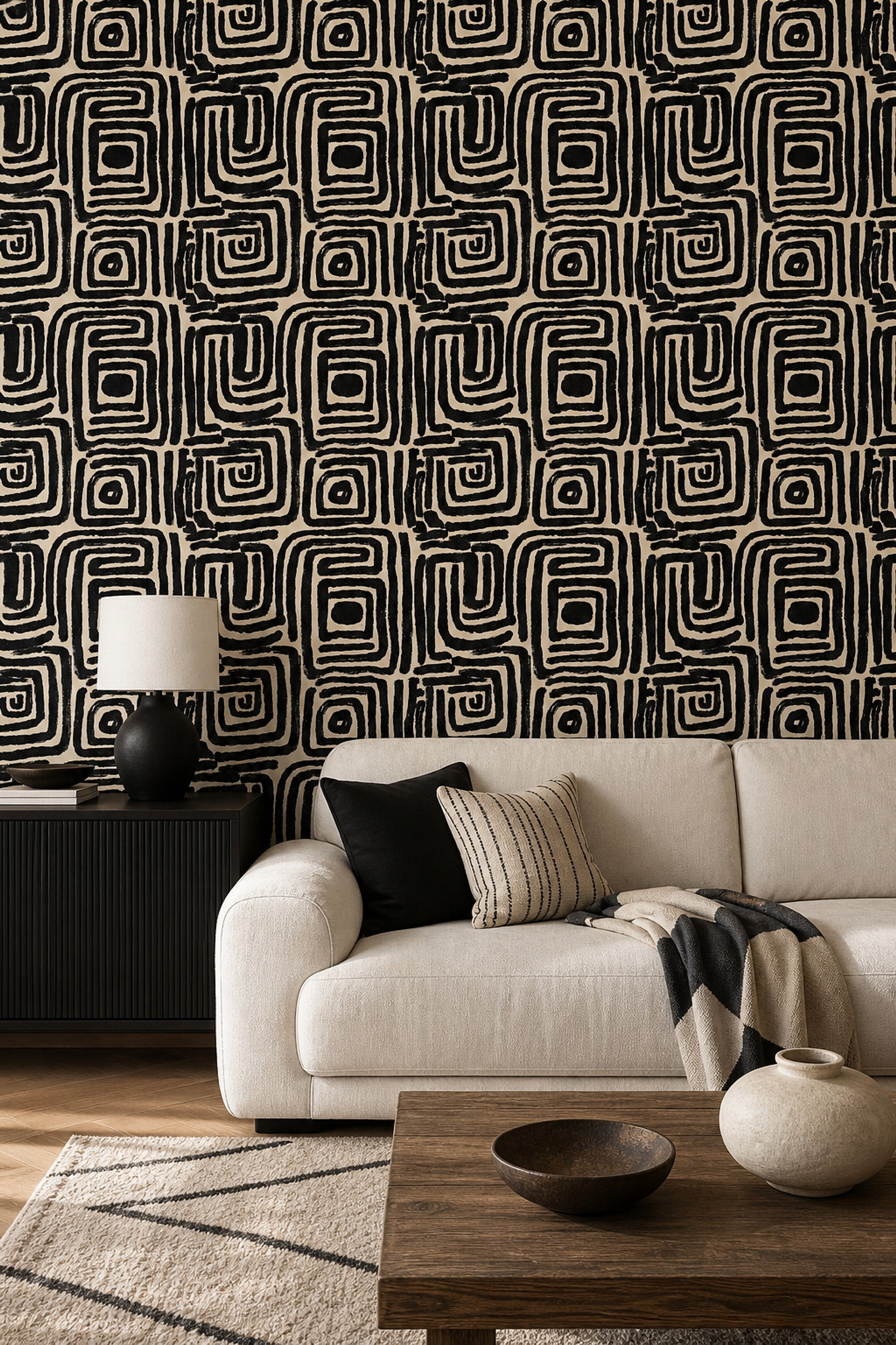 Abstract Geometric Wallpaper Maze Pattern Removable Bold Brushstroke Wall Double Roll