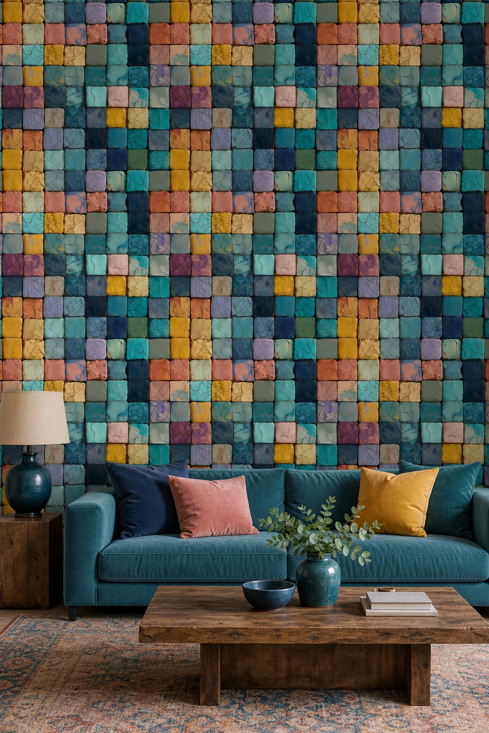 Geometric Mosaic Wallpaper Cracked Tile Texture Blue Teal Palette Decorative Mural