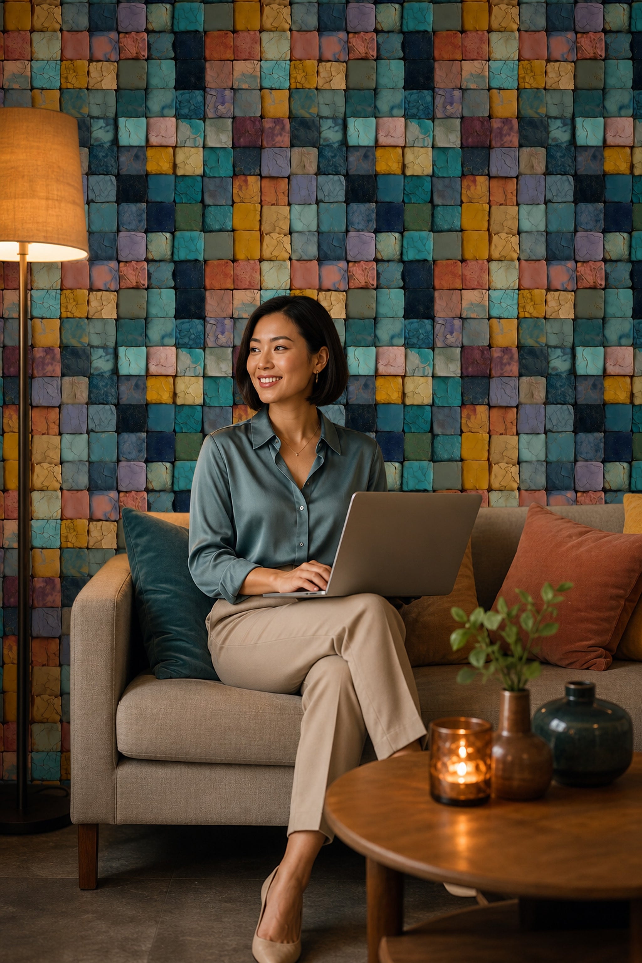 Geometric Mosaic Wallpaper Cracked Tile Texture Blue Teal Palette Decorative Mural