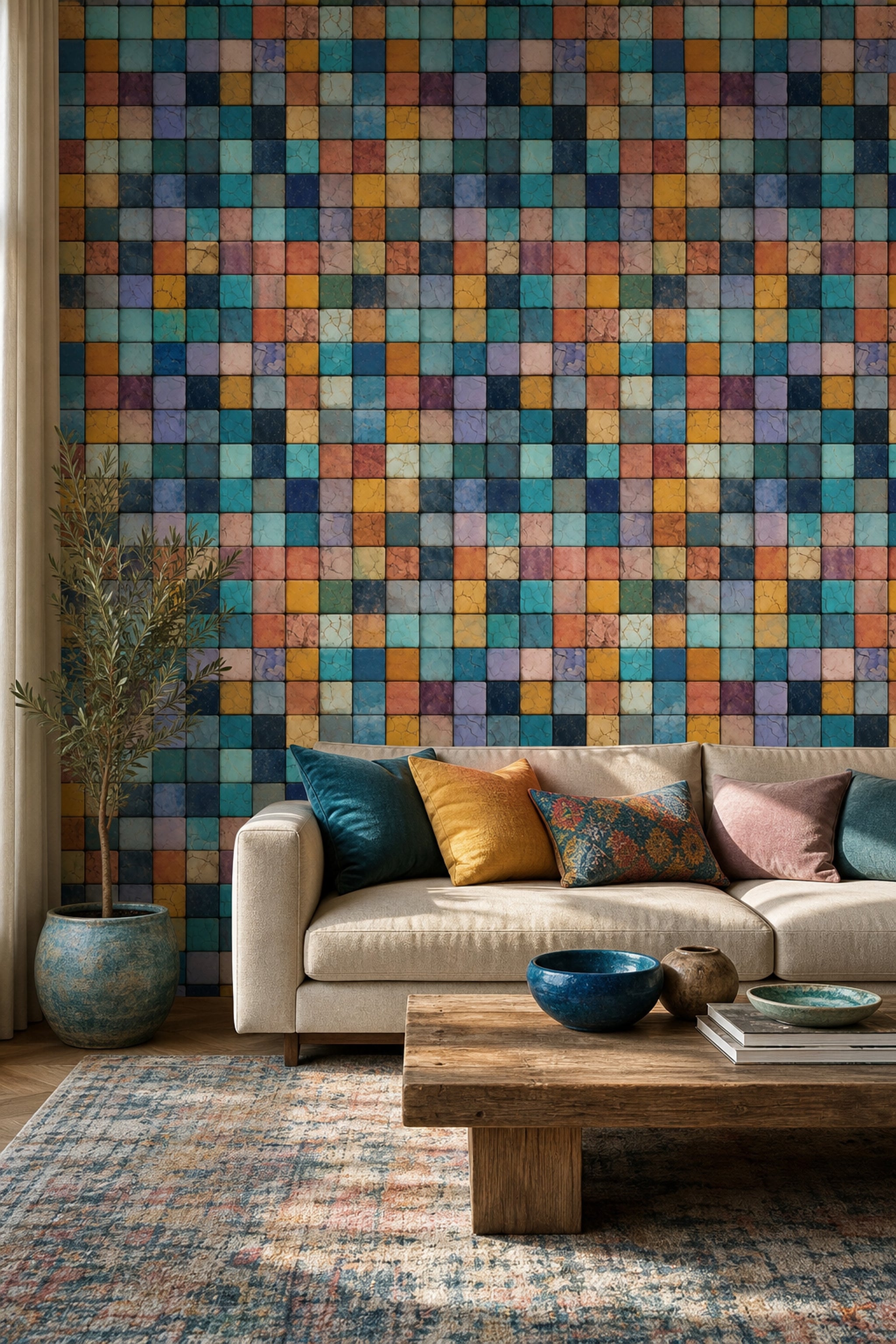 Geometric Mosaic Wallpaper Cracked Tile Texture Blue Teal Palette Decorative Mural