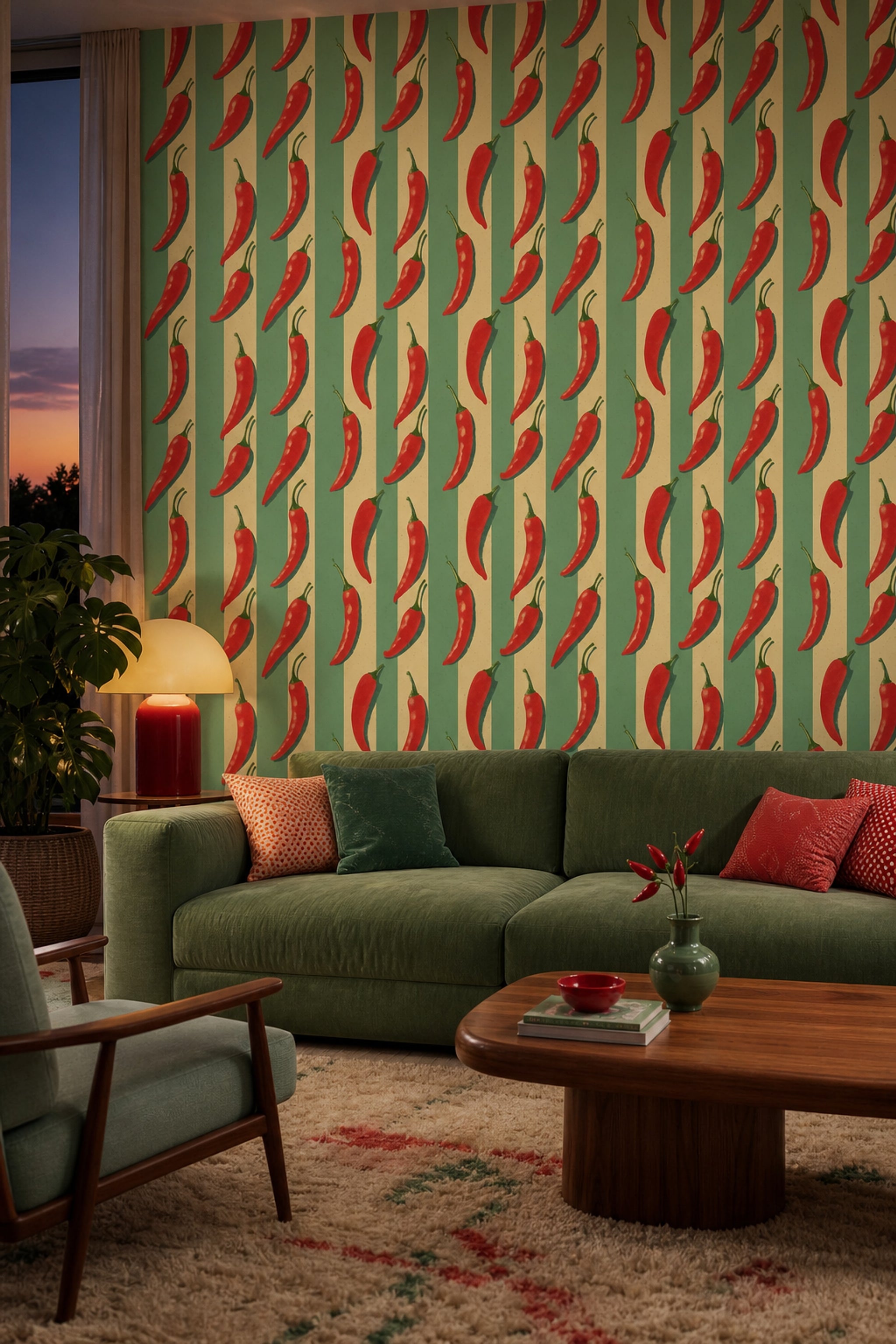 Chili Peppers Wallpaper Striped Background Retro Print Removable Wall Decor