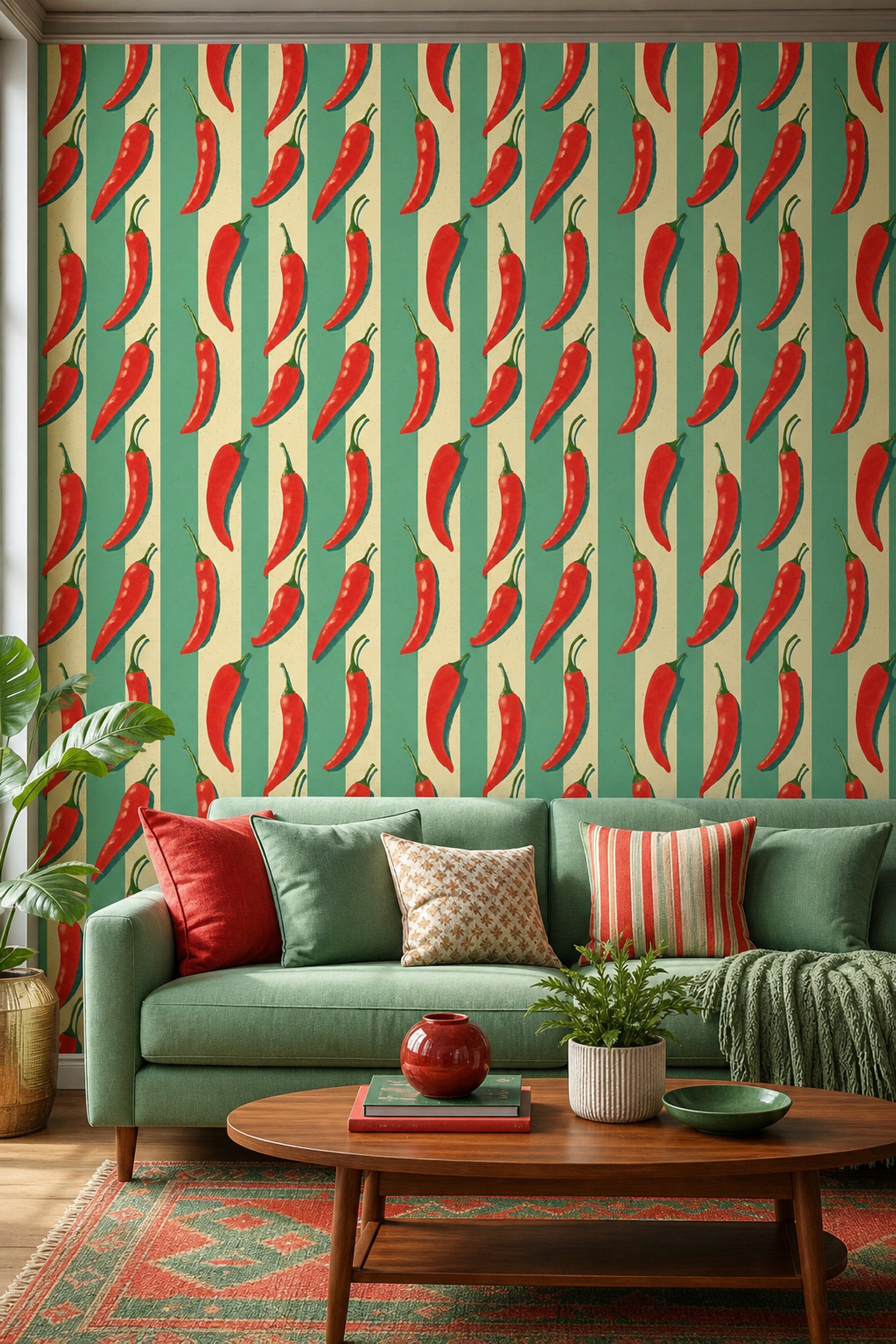 Chili Peppers Wallpaper Striped Background Retro Print Removable Wall Decor