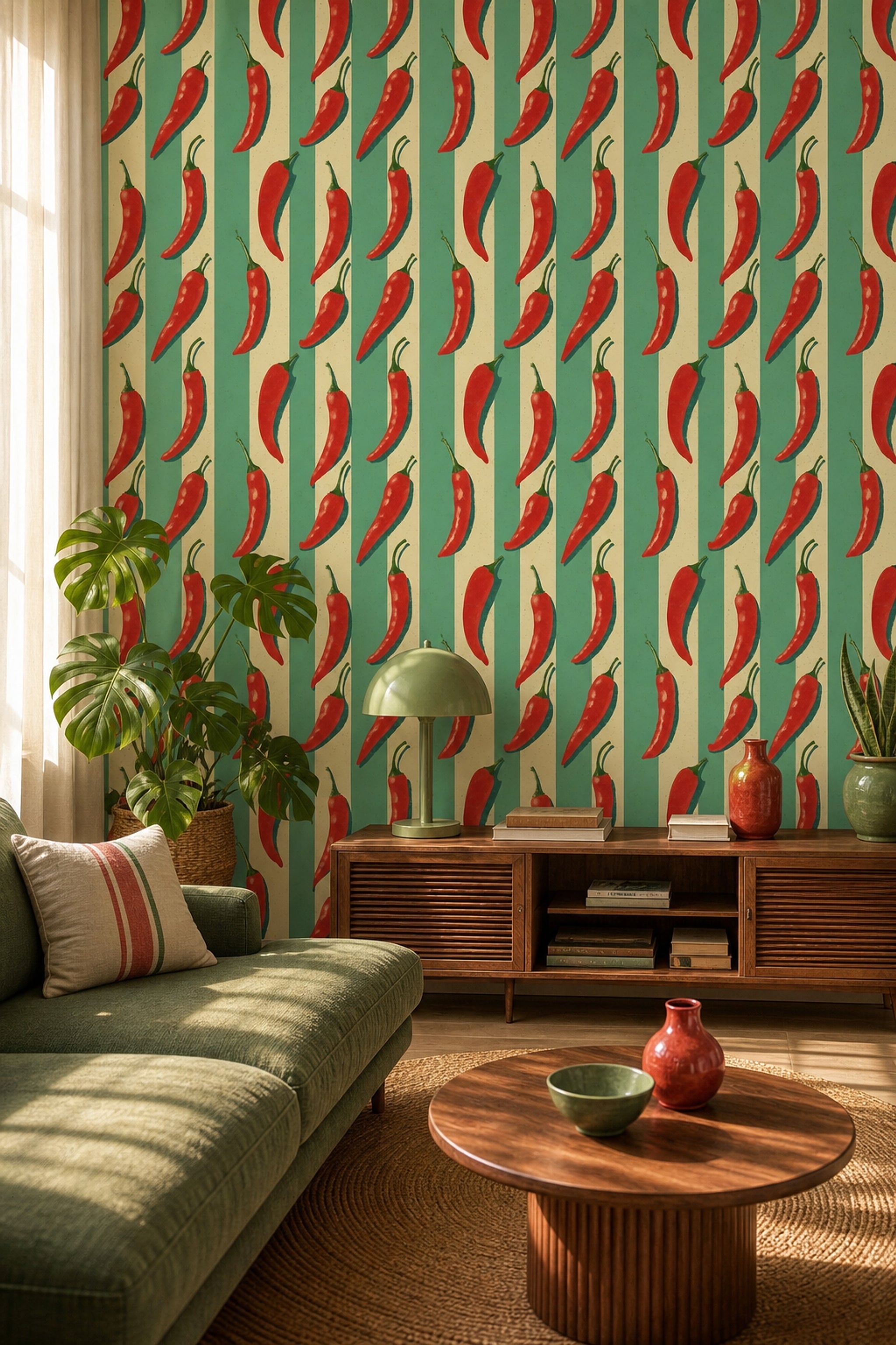 Chili Peppers Wallpaper Striped Background Retro Print Removable Wall Decor