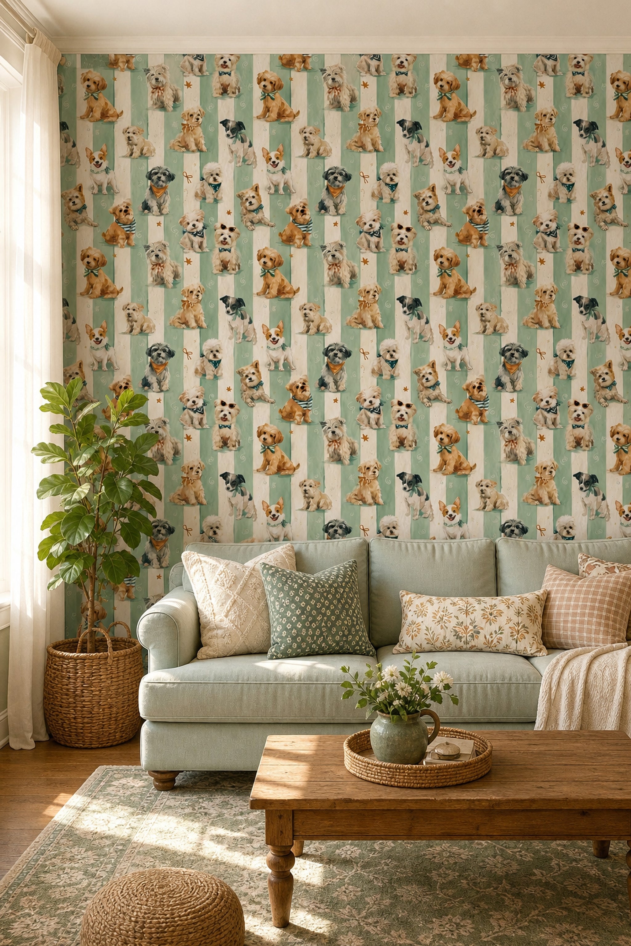 Watercolor Dogs Wallpaper Pet Wallpaper Removable Seafoam Green Stripes Wall Double Roll