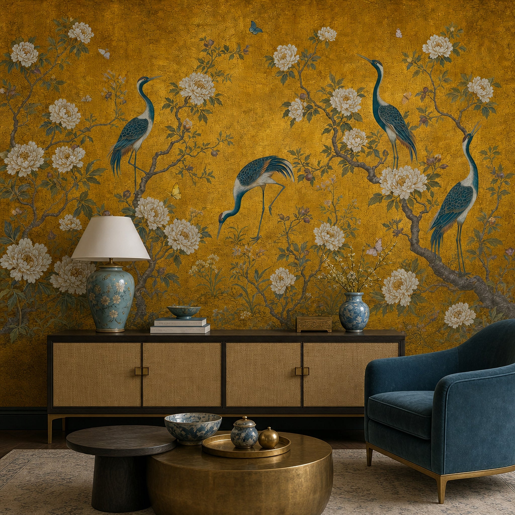 Muted Green Wallpaper Chinoiserie Gold Removable Wall Decor