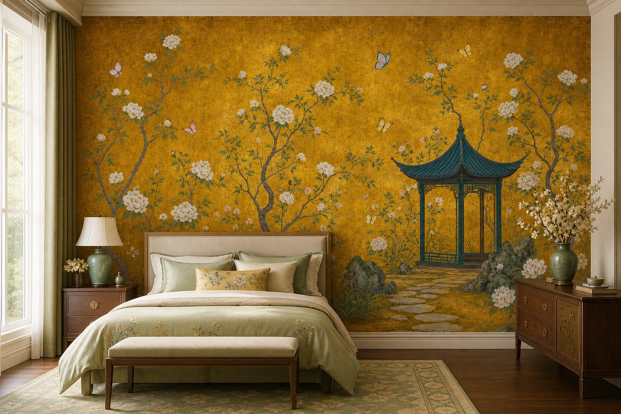 Muted Green Wallpaper Garden Removable Chinoiserie Wall Decor