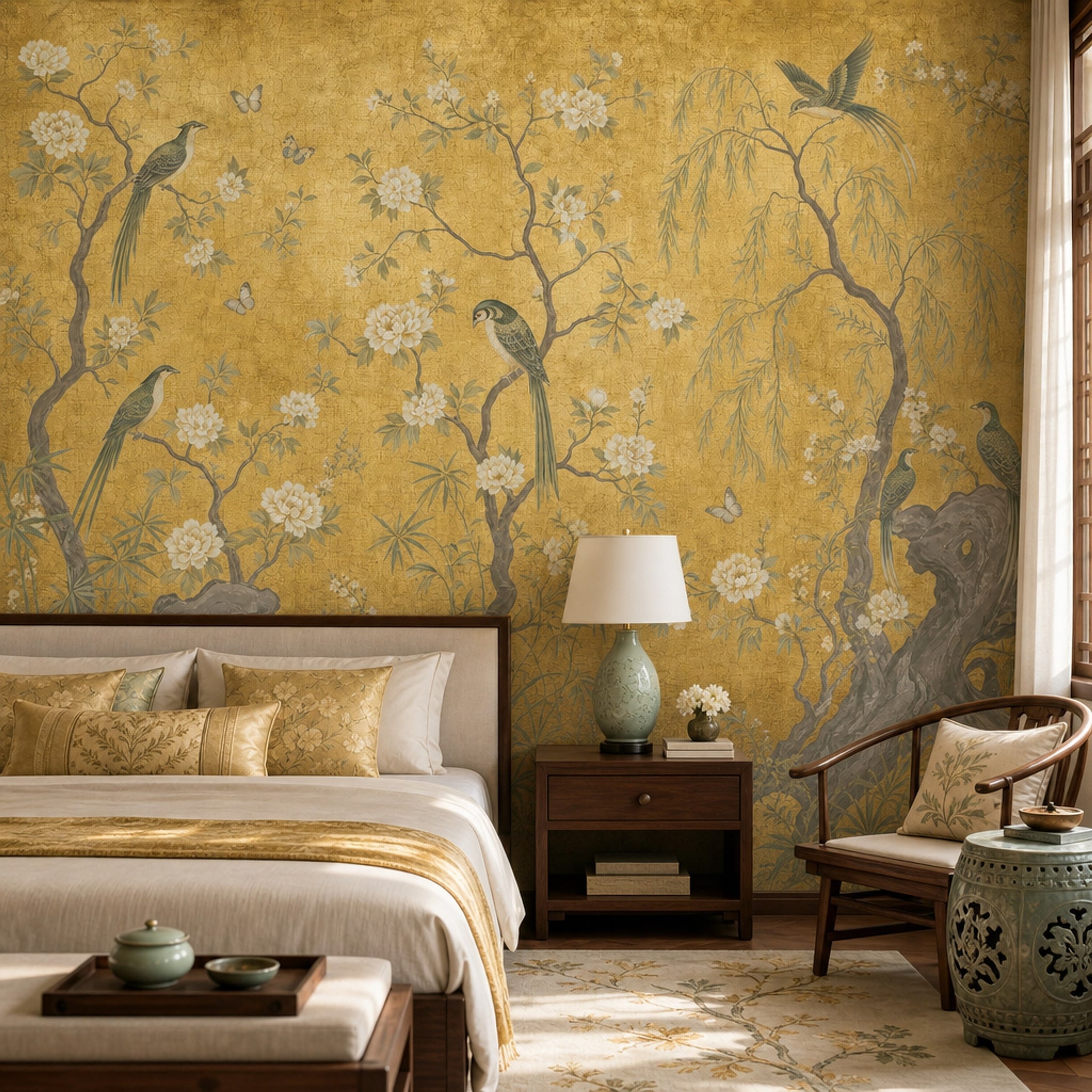 Muted Green Wallpaper Chinoiserie Gold Removable Wall Decor