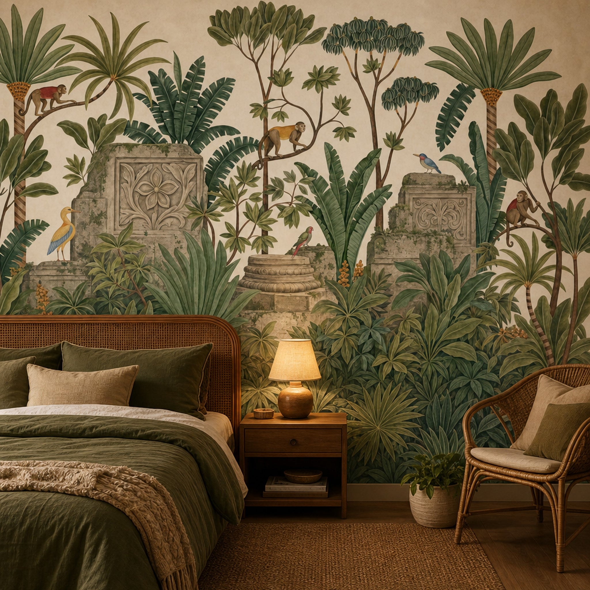 Tropical Jungle Wallpaper Green Foliage Removable Monkeys Wall Decor