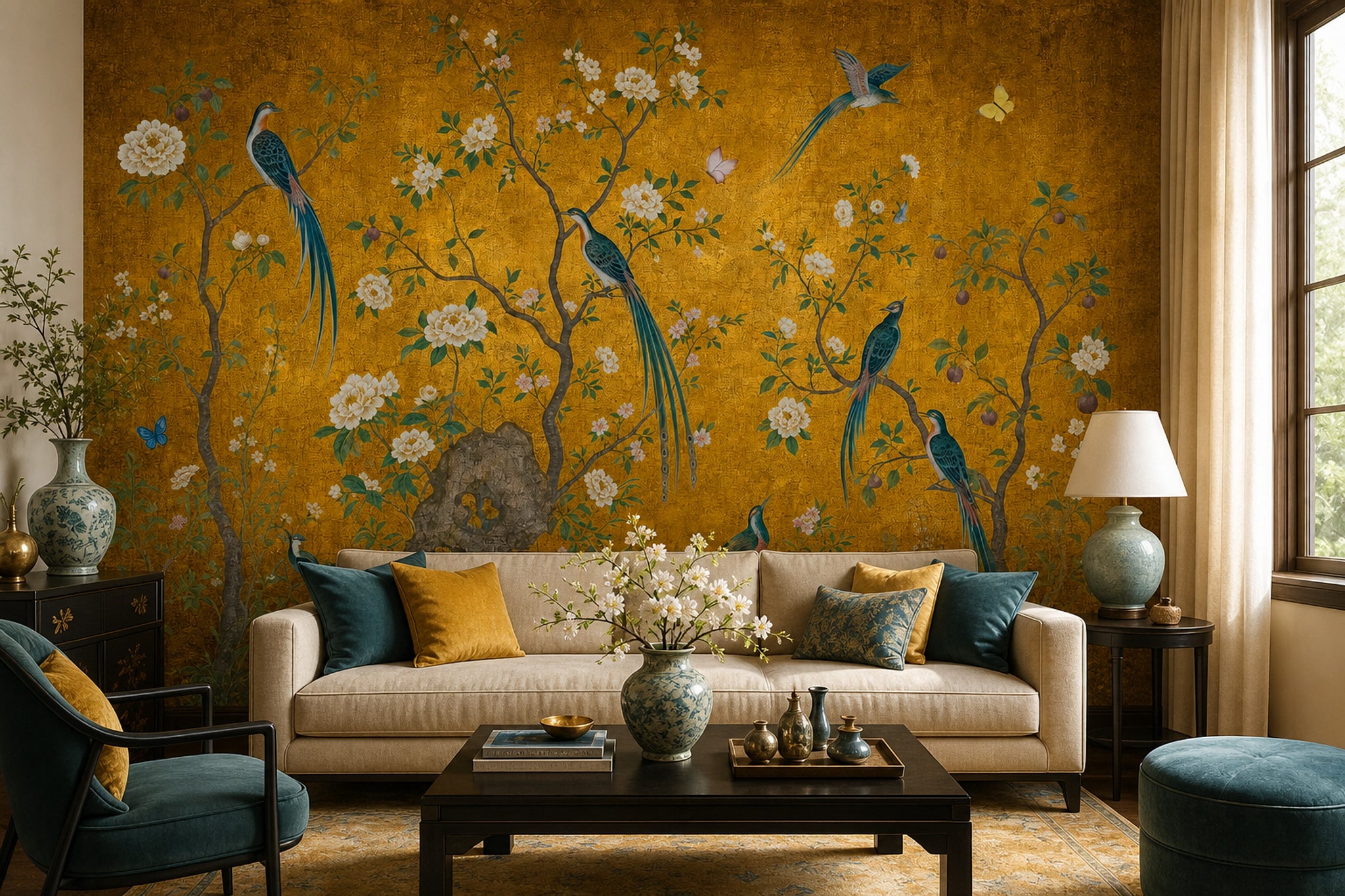 Chinoiserie Wallpaper Gold Leaf Background Removable Oriental Birds Wall Decor