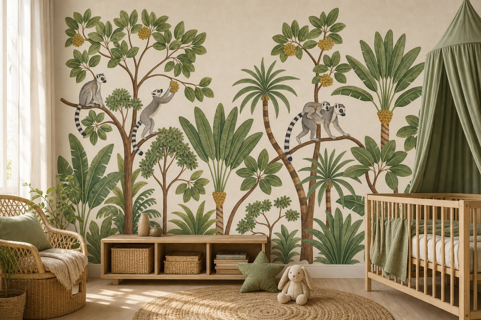 Tropical Jungle Wallpaper Lemurs Removable Botanical Wall Decor