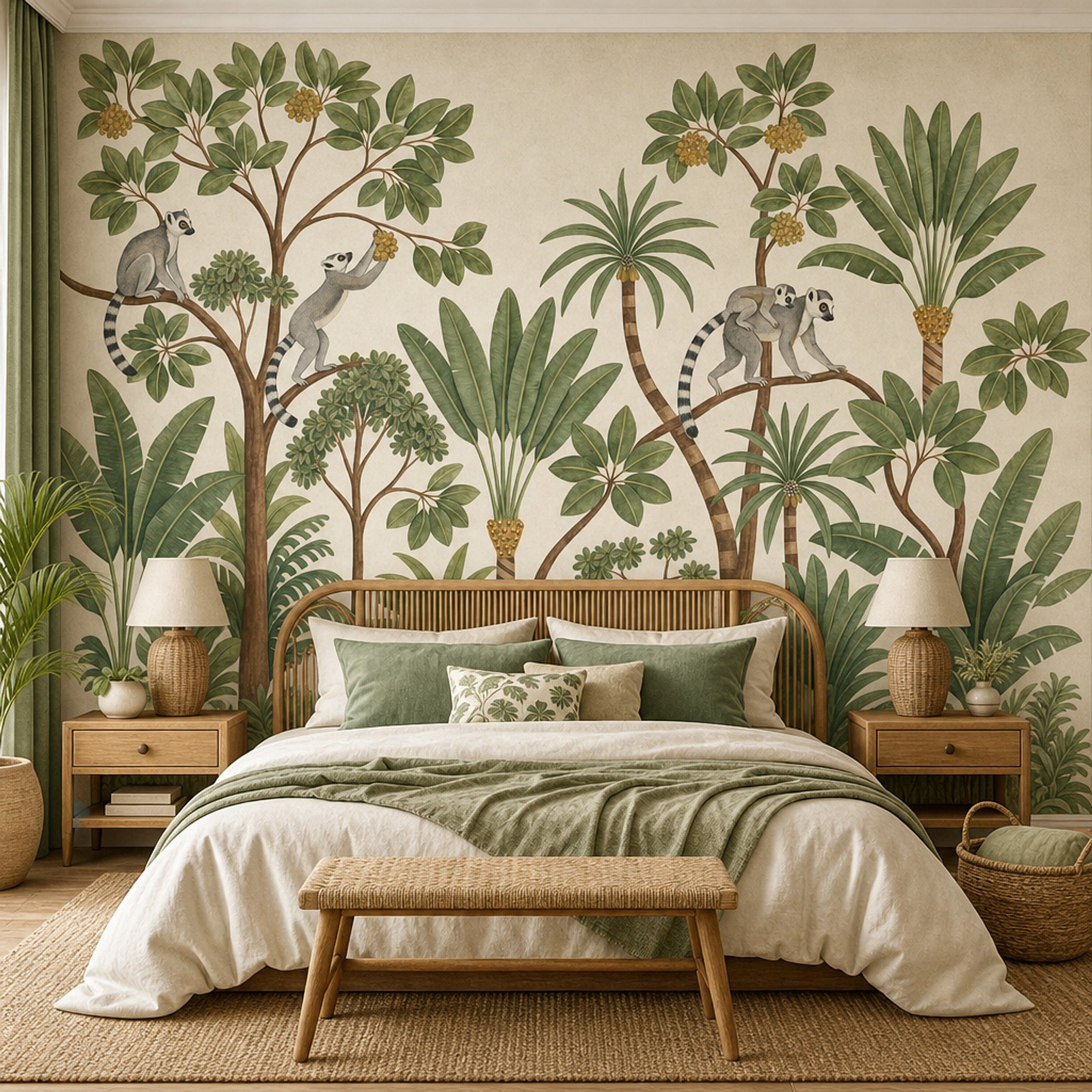 Tropical Jungle Wallpaper Lemurs Removable Botanical Wall Decor