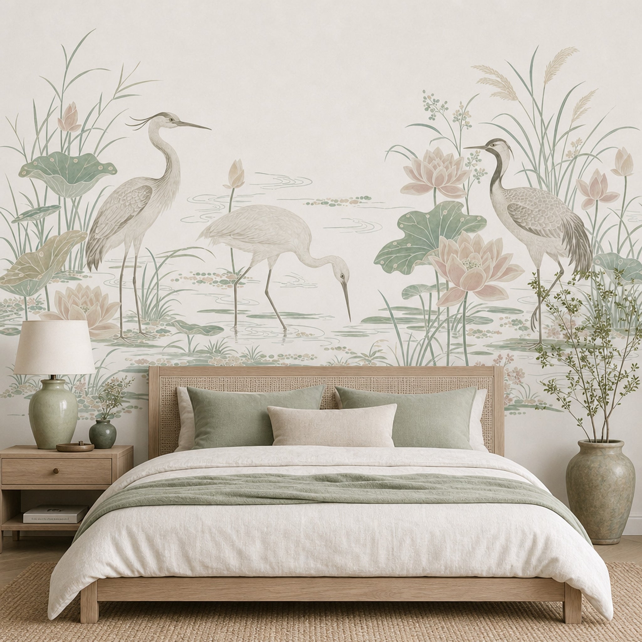 Wetland Landscape Wallpaper Cranes Removable Asian Inspired Wall Decor