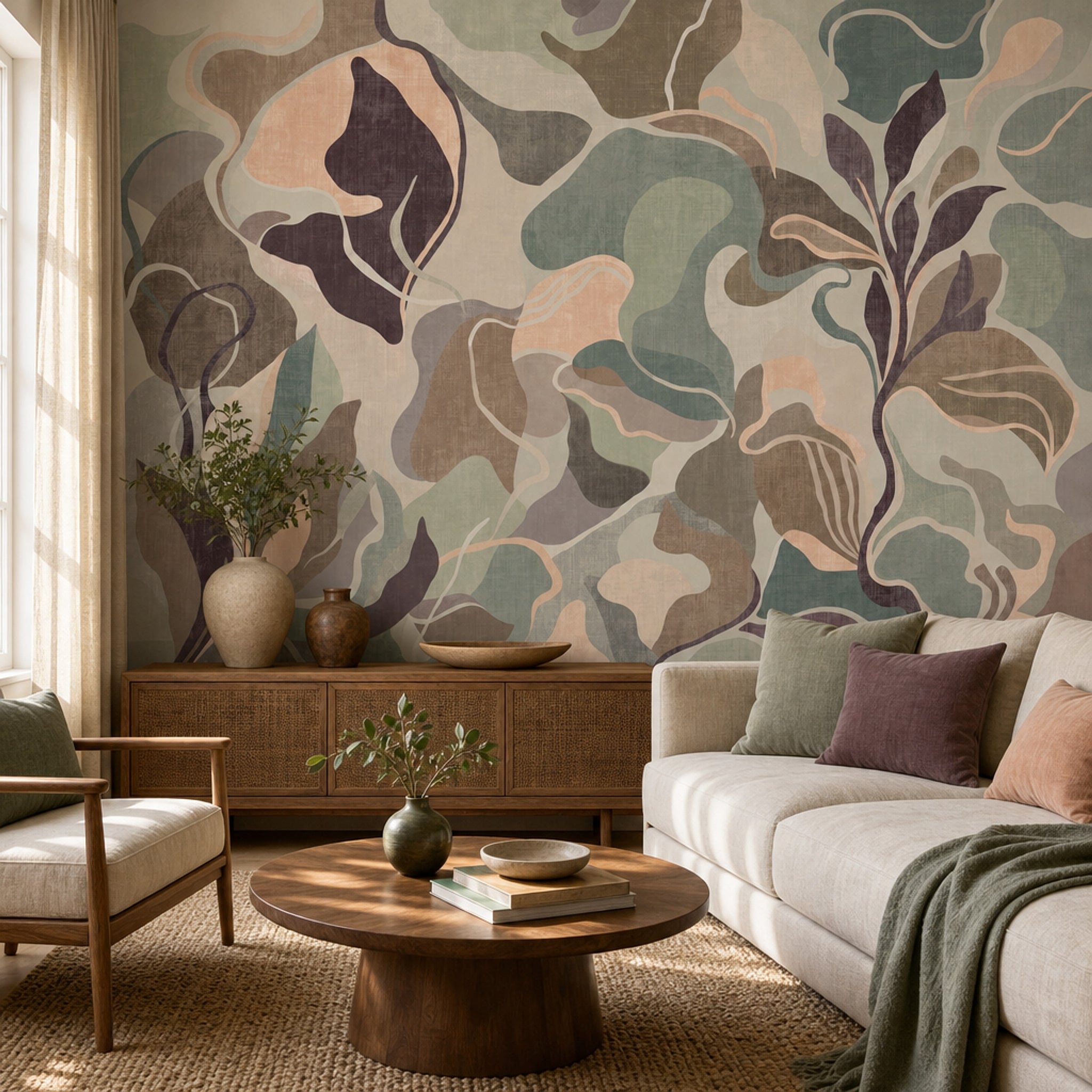 Abstract Botanical Wallpaper Organic Shapes Muted Palette Removable Wall Decor