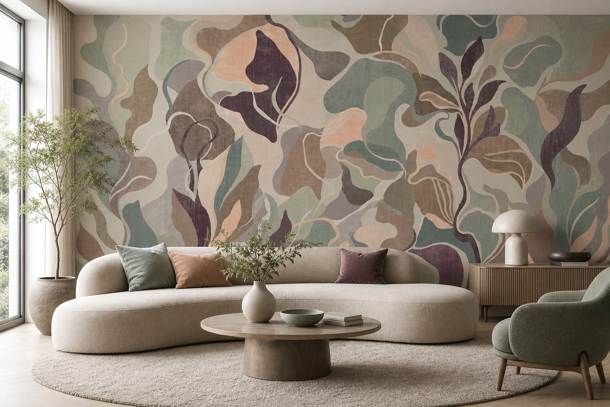 Abstract Botanical Wallpaper Organic Shapes Muted Palette Removable Wall Decor