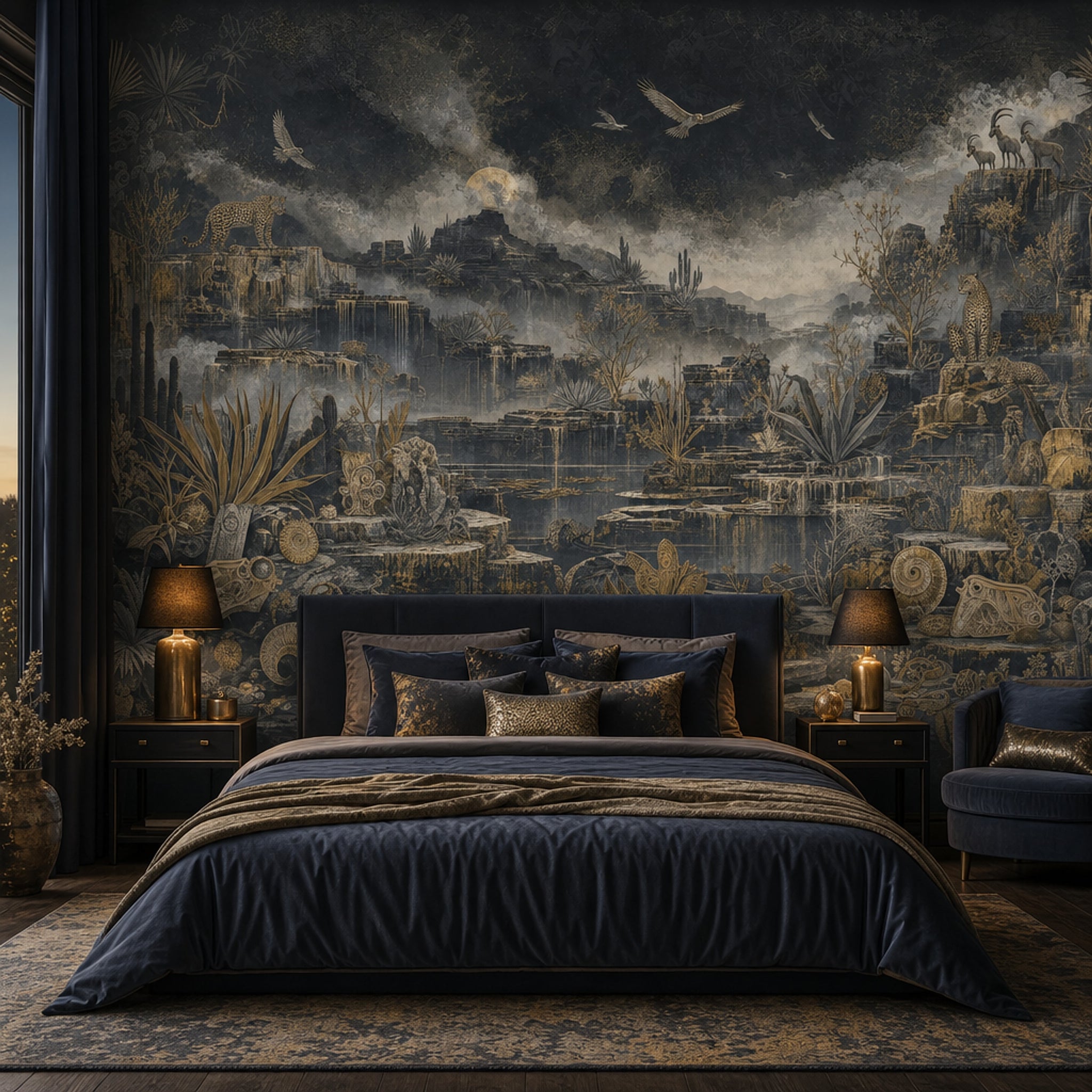 Night Landscape Wallpaper Canyon Cliffs Engraved Illustration Removable Wall Decor