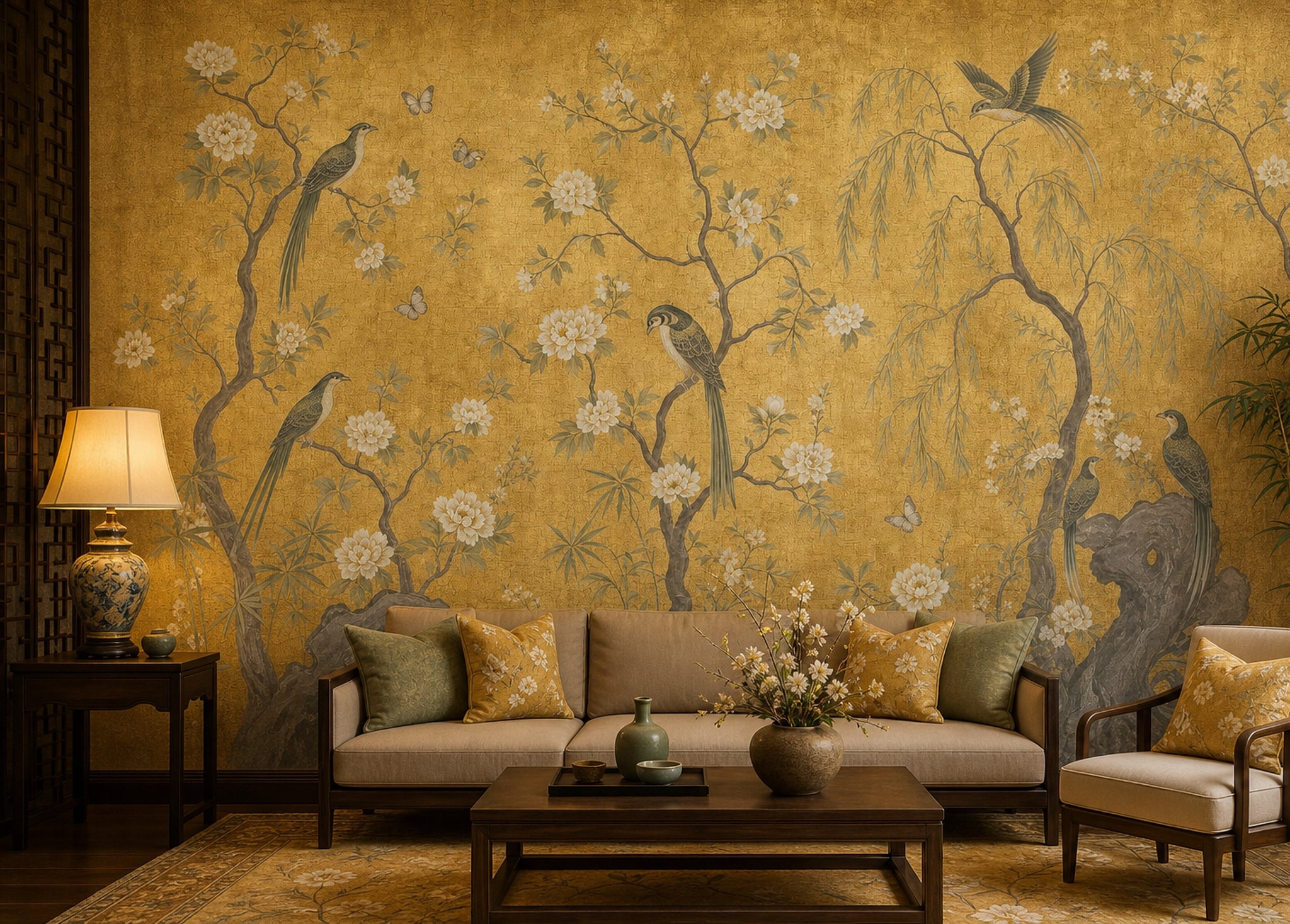 Muted Green Wallpaper Chinoiserie Gold Removable Wall Decor