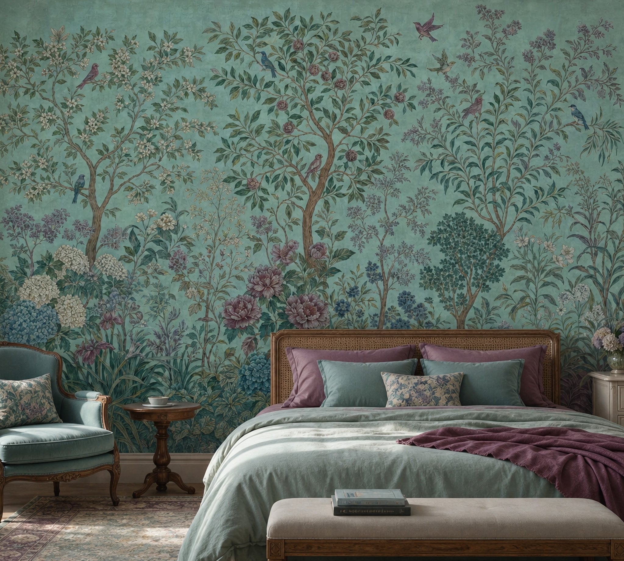 Teal Botanical Wallpaper Vintage Garden Chinoiserie Inspired Wall Mural