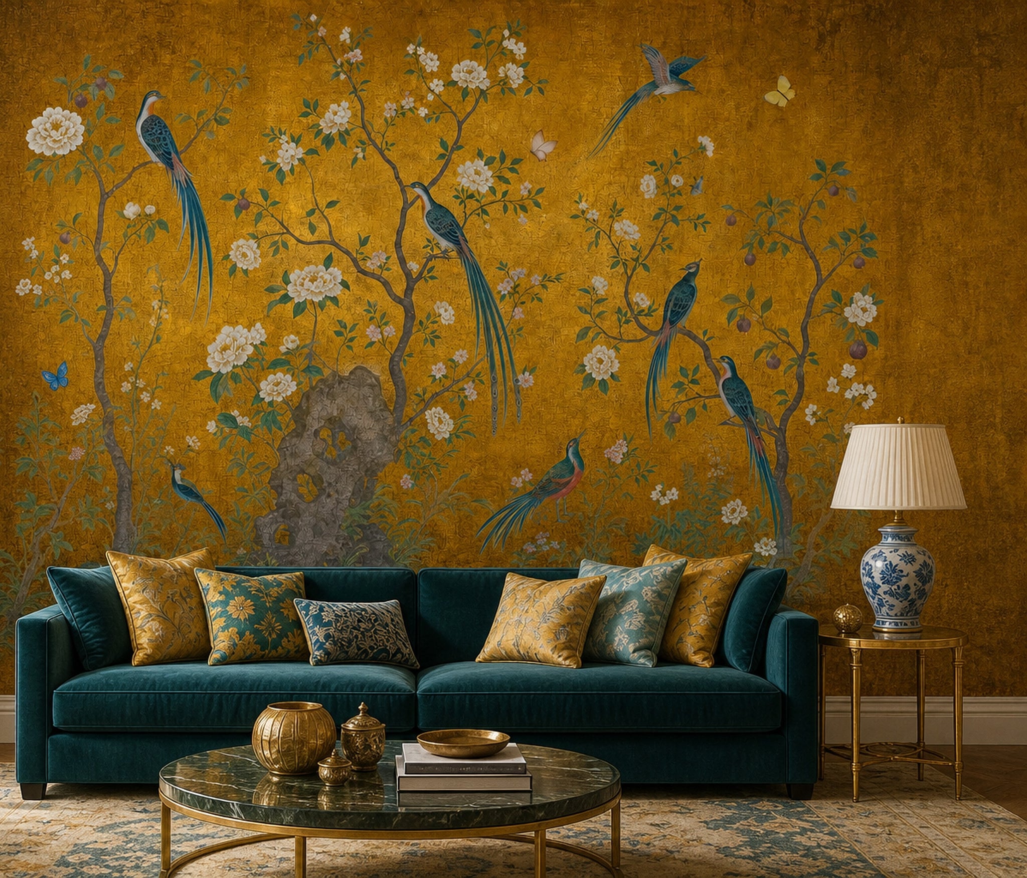 Chinoiserie Wallpaper Gold Leaf Background Removable Oriental Birds Wall Decor