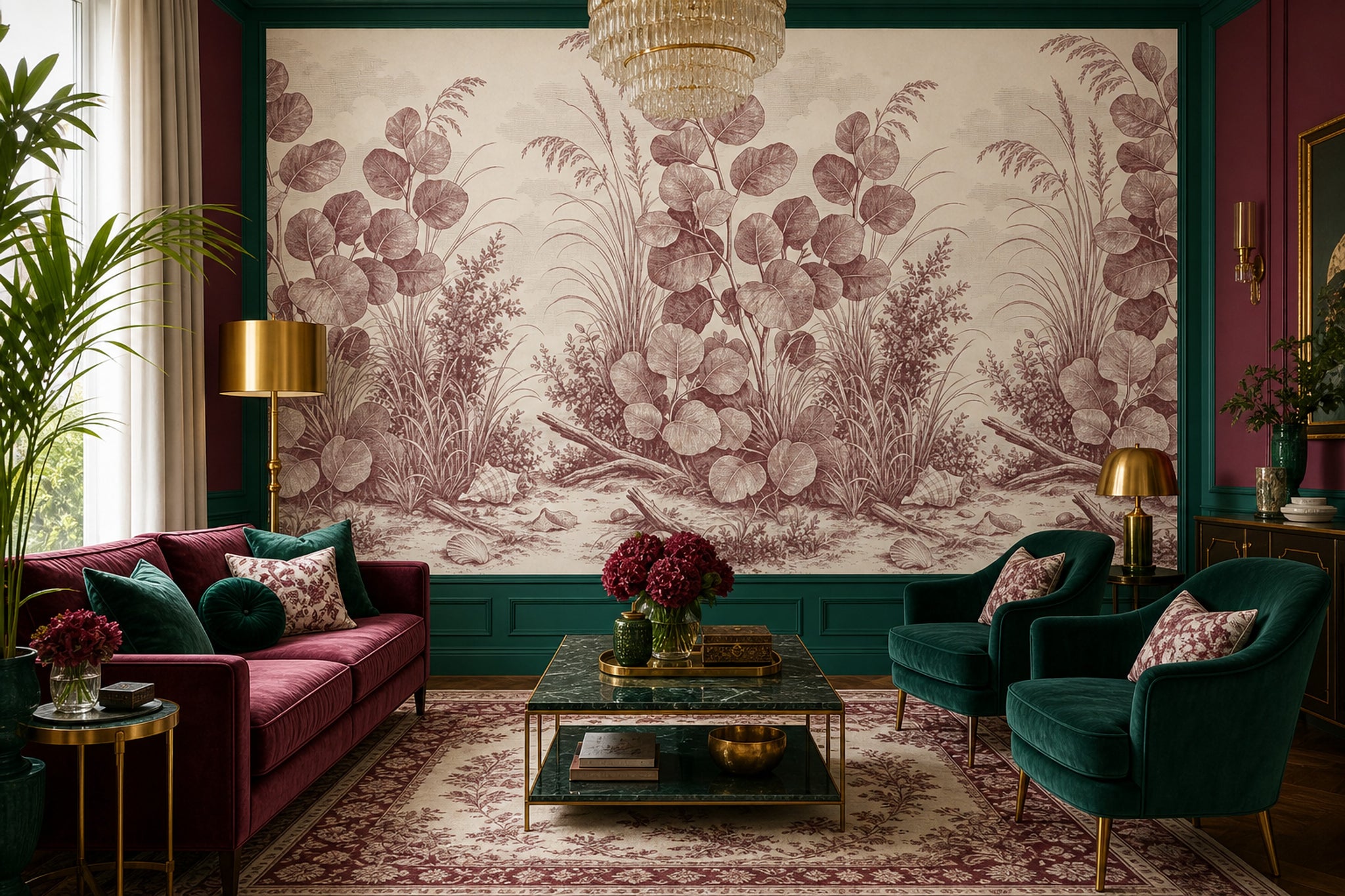 Coastal Botanical Wallpaper Toile Illustration Beach Grass Wall Mural