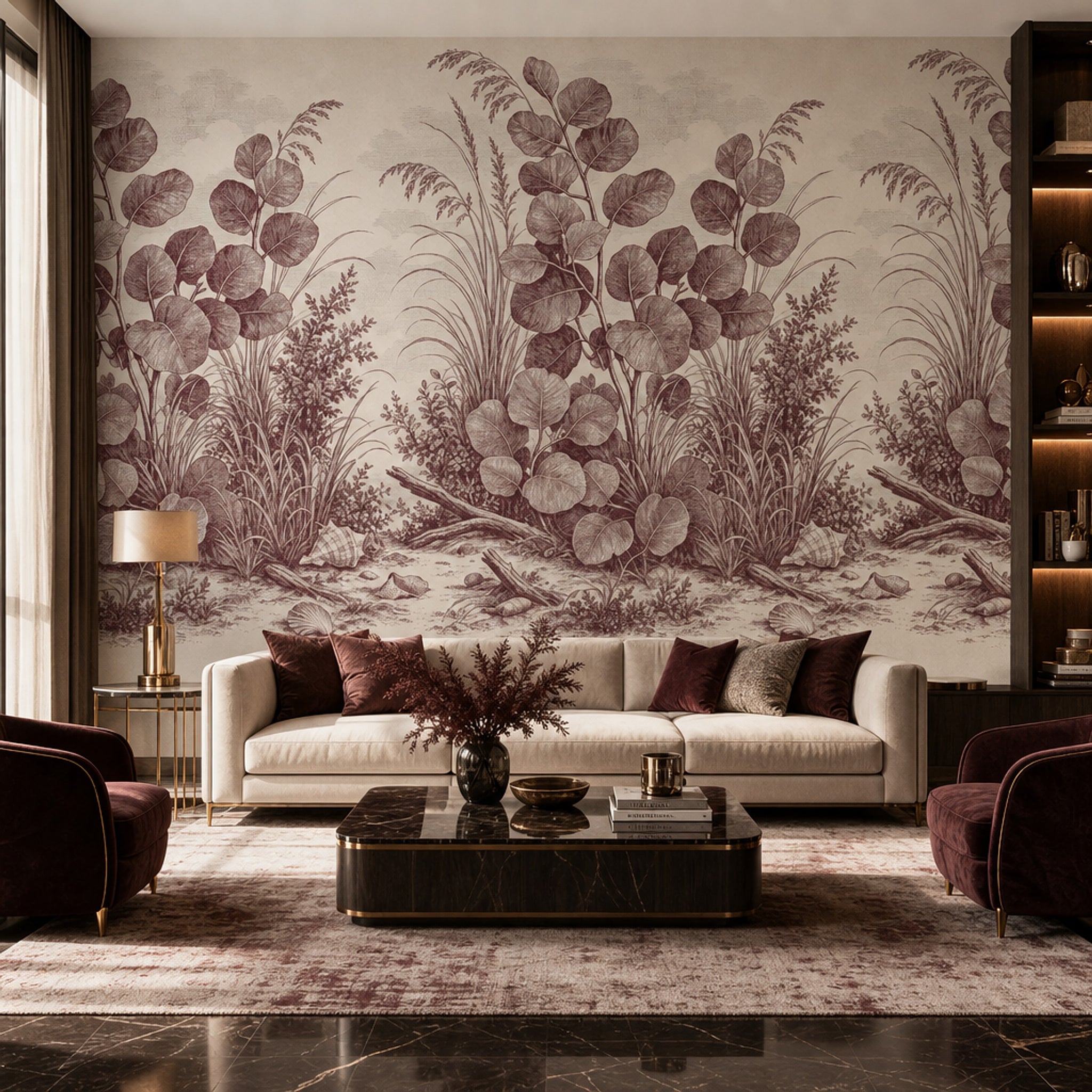 Coastal Botanical Wallpaper Toile Illustration Beach Grass Wall Mural