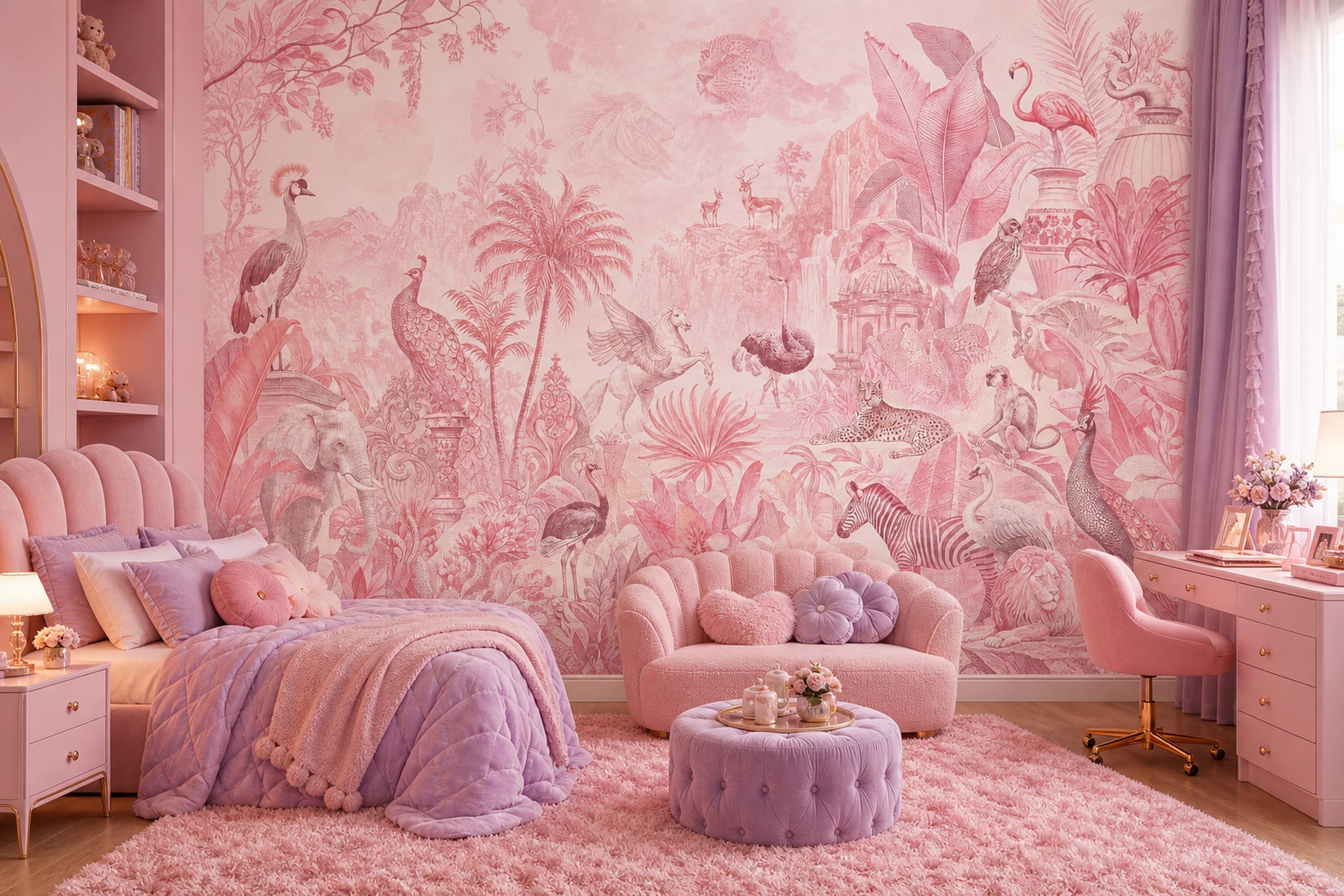 Tropical Jungle Wallpaper Toile Removable Safari Animals Wall Decor