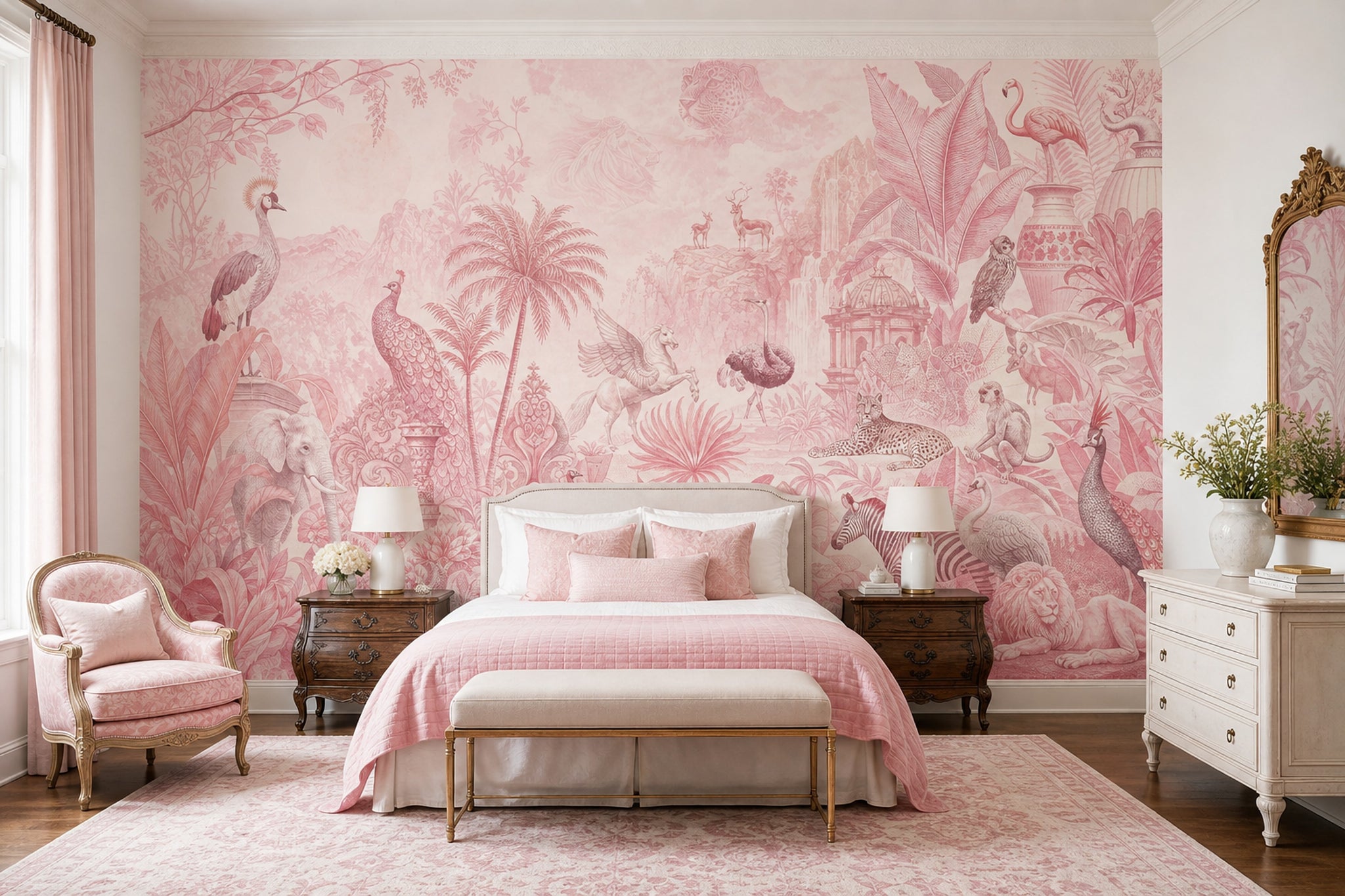 Tropical Jungle Wallpaper Toile Removable Safari Animals Wall Decor
