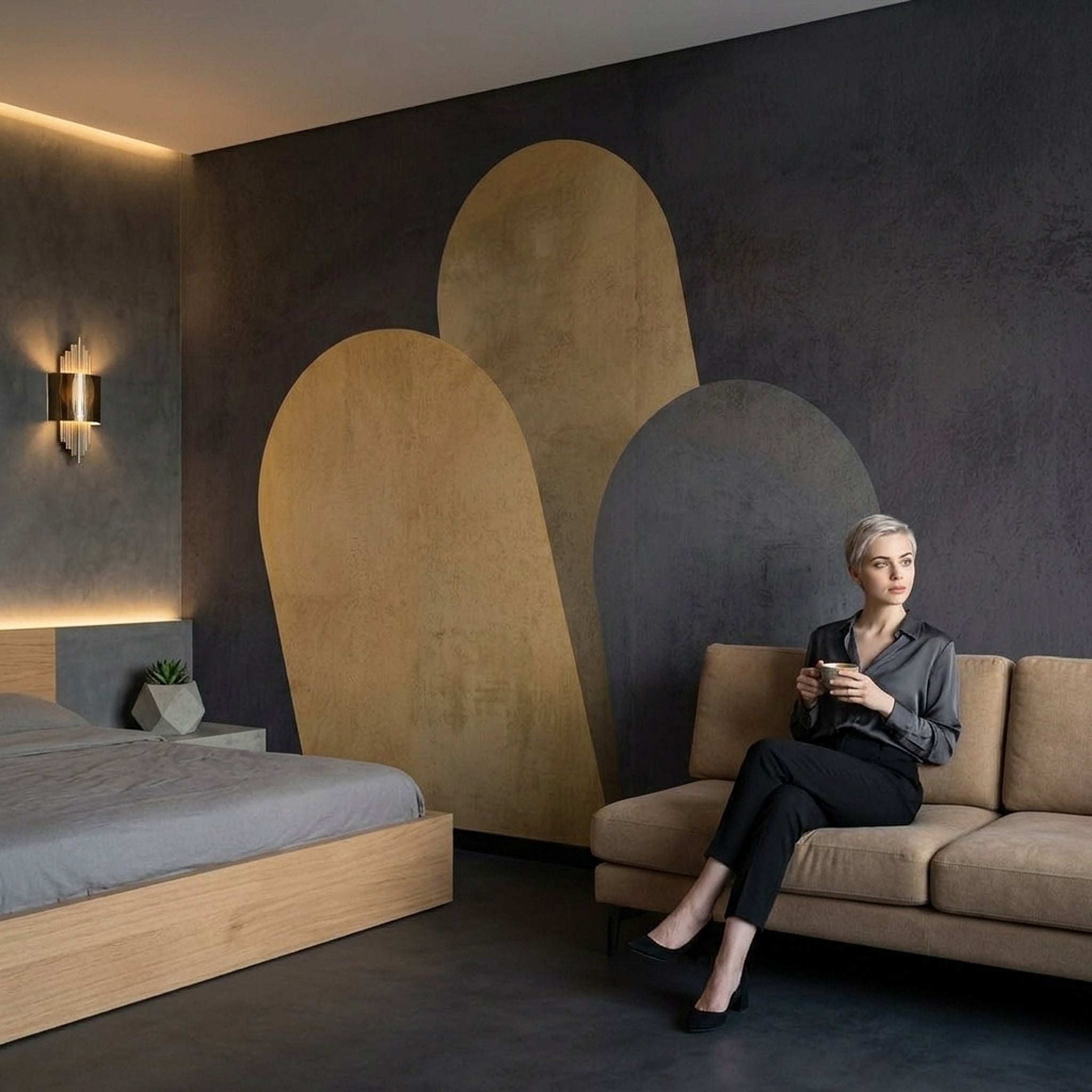 Abstract Arches Wallpaper Textured Plaster Charcoal Background Removable Wall Decor