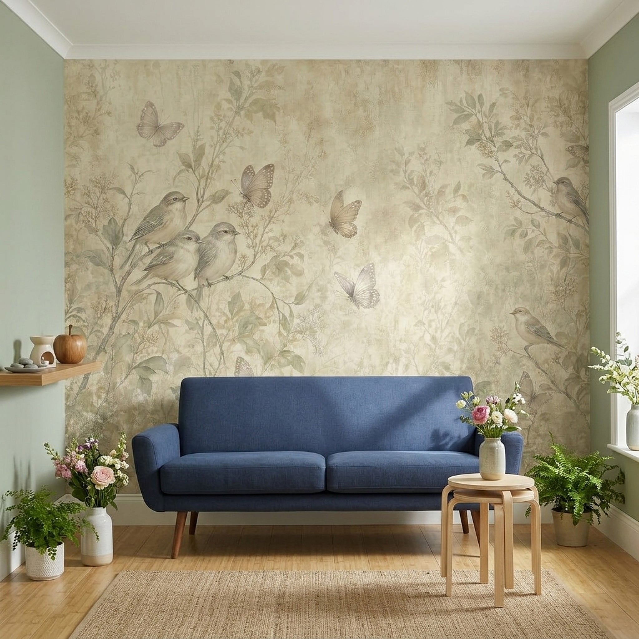 Vintage Botanical Wallpaper Birds On Branches Butterflies Wall Mural