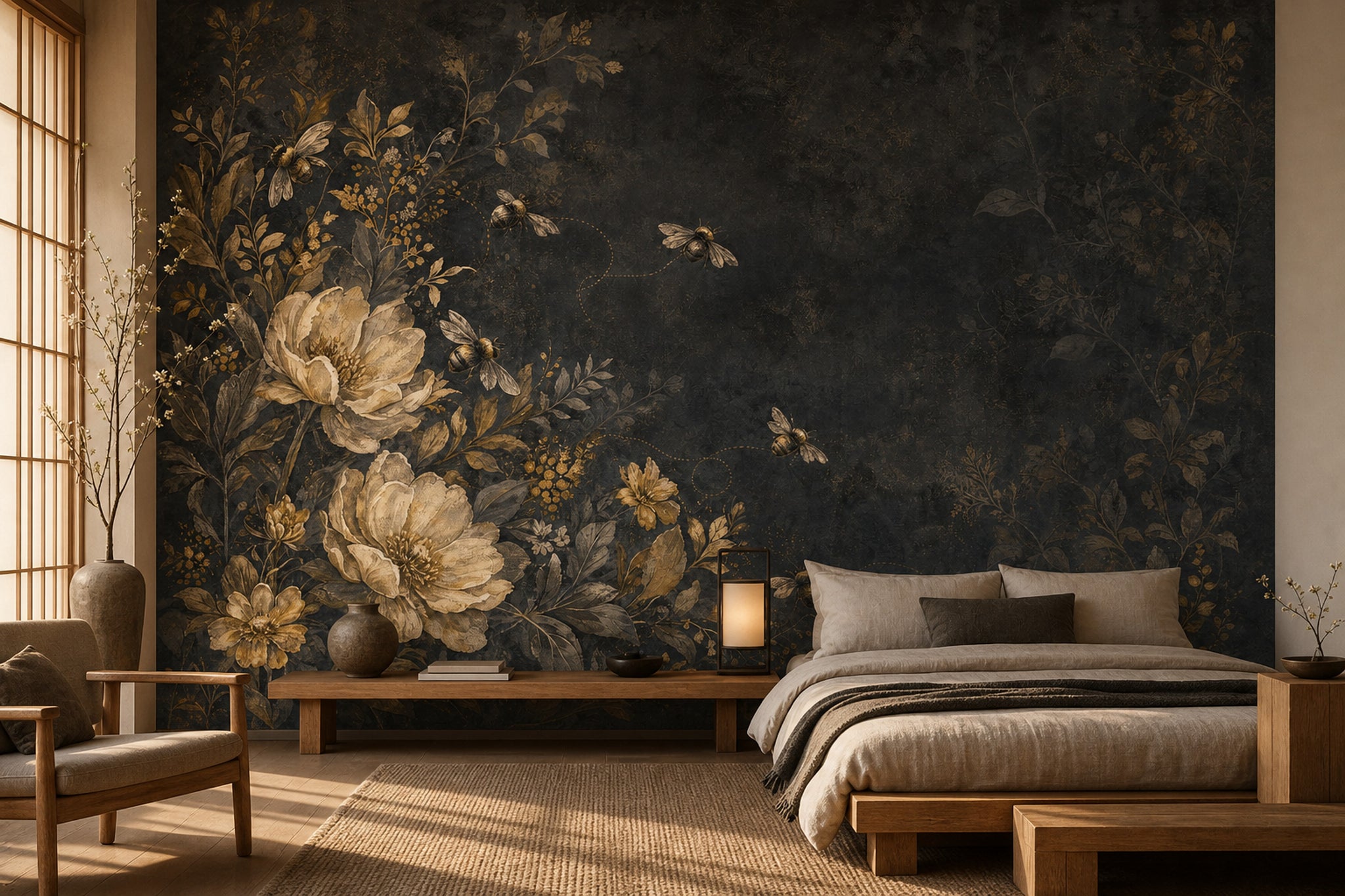 Vintage Floral Wallpaper Botanical Bees Wall Mural