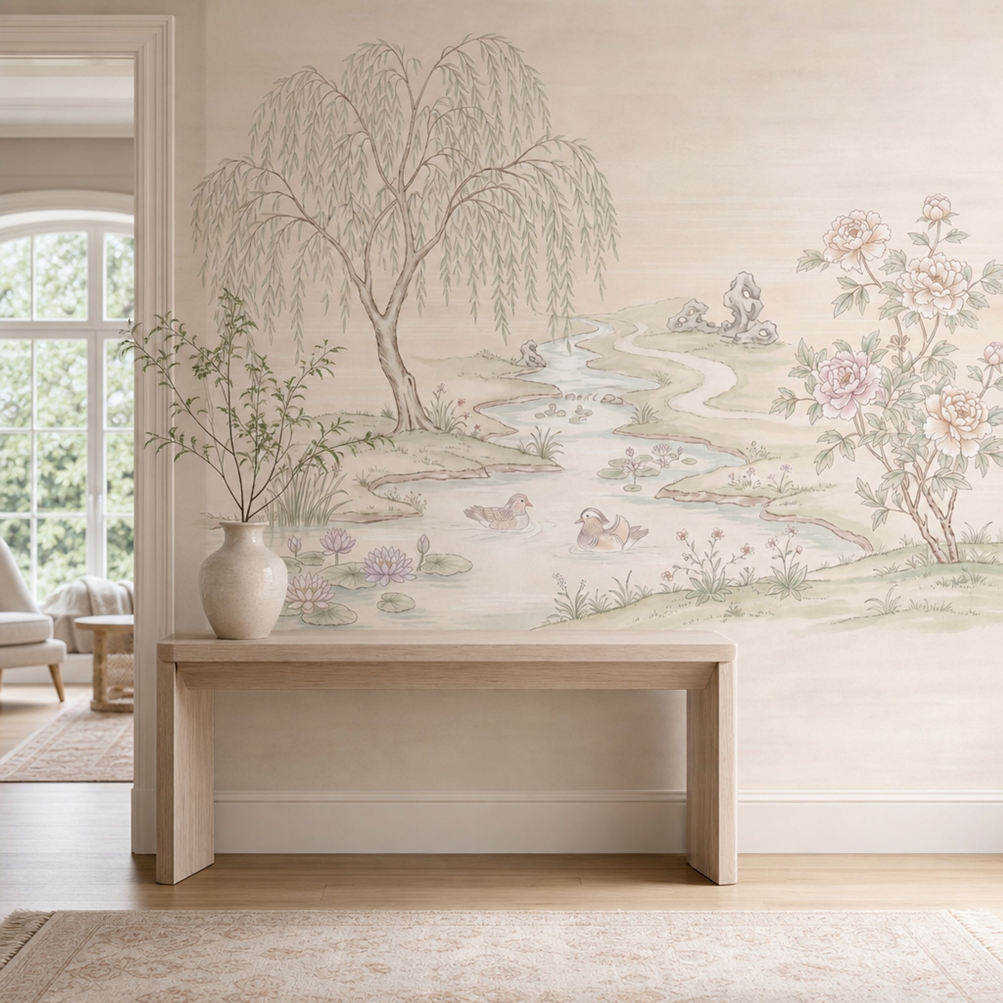 Pastel Landscape Wallpaper Willow Tree Winding River Wall Mural