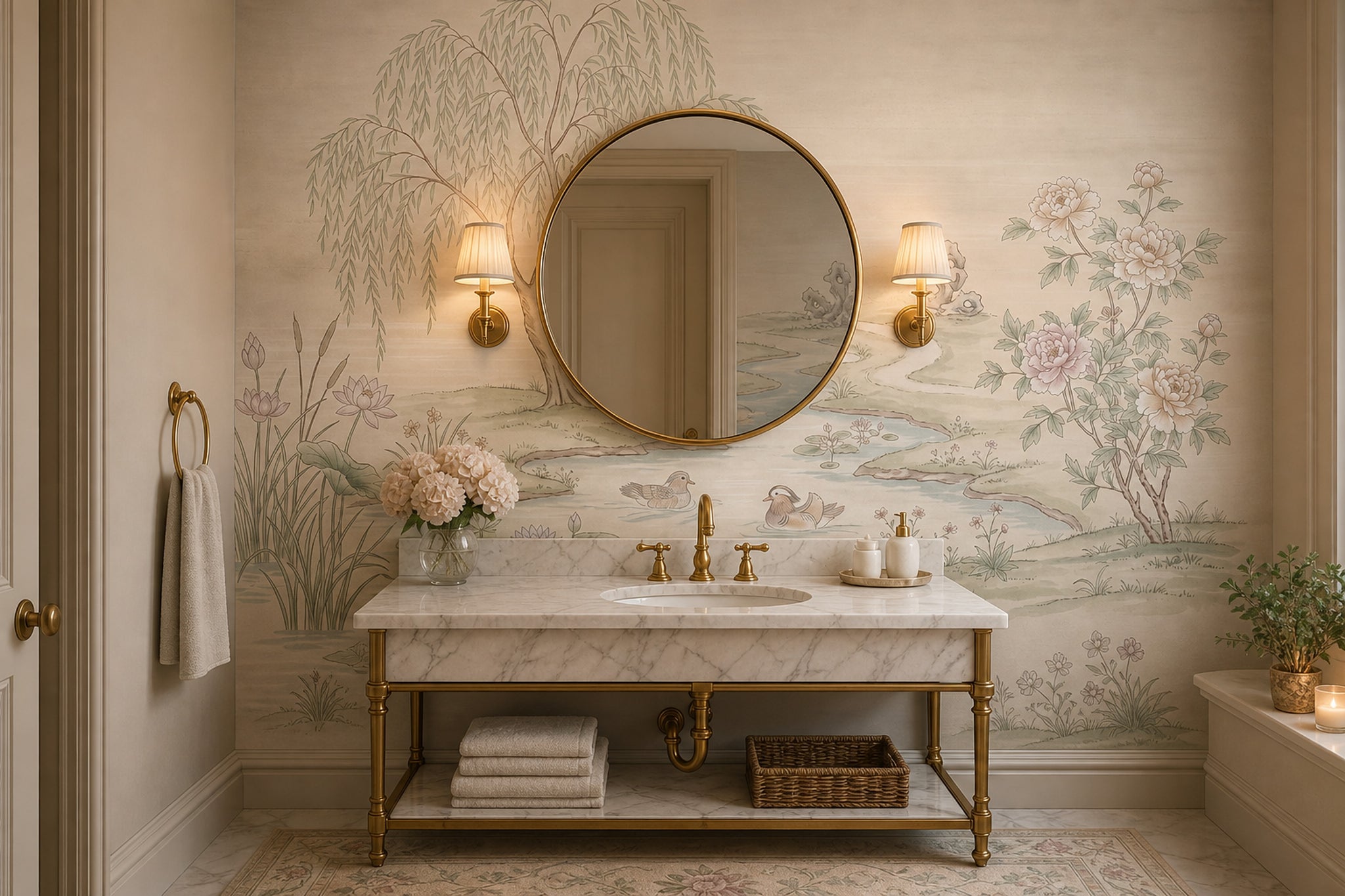 Pastel Landscape Wallpaper Willow Tree Winding River Wall Mural